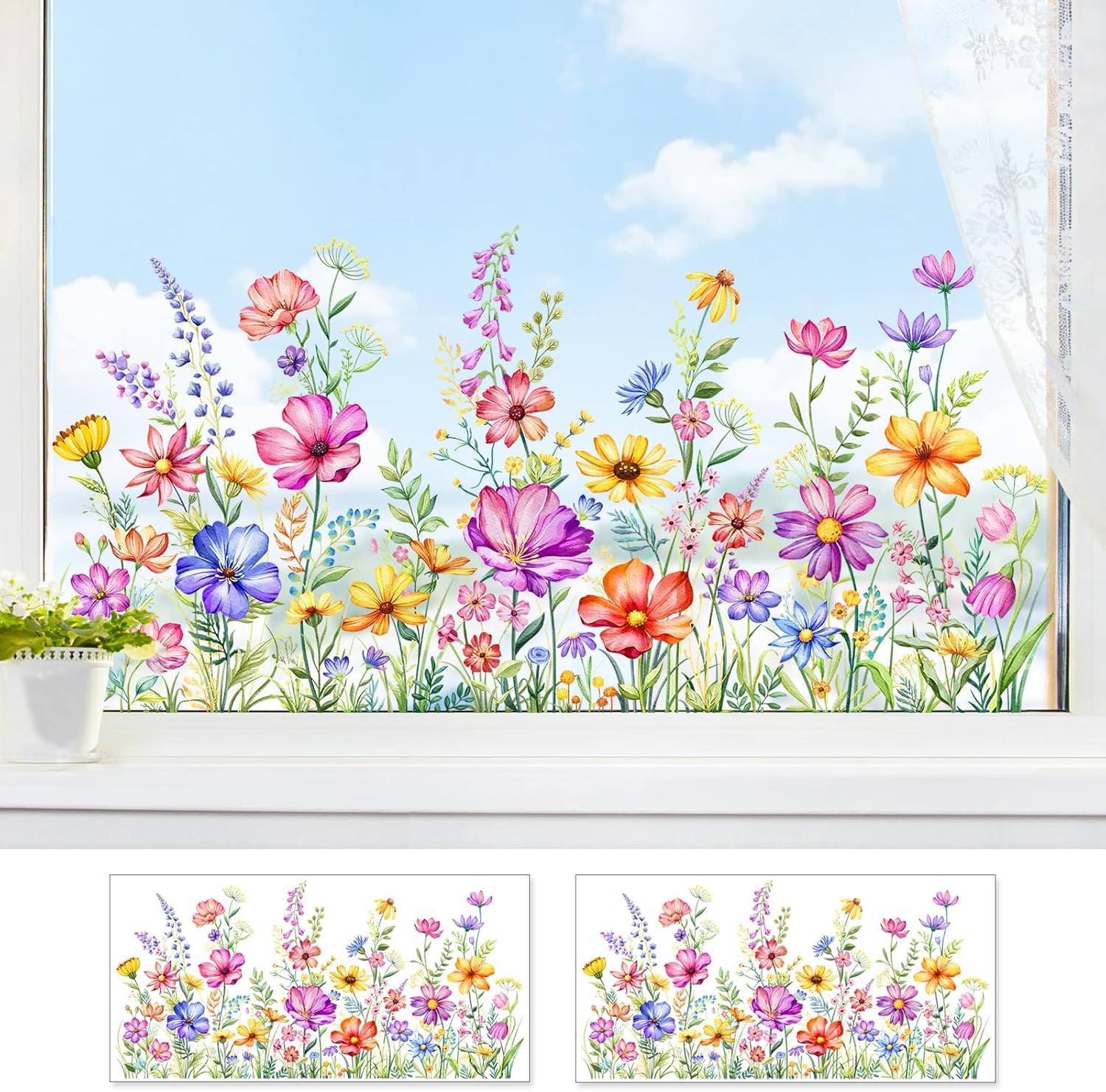 2 Sheets Wildflower Static Window Clings Colorful Spring Summer Floral Window Stickers Double-Sided Anti-Collision Glass Door Mirror Decals