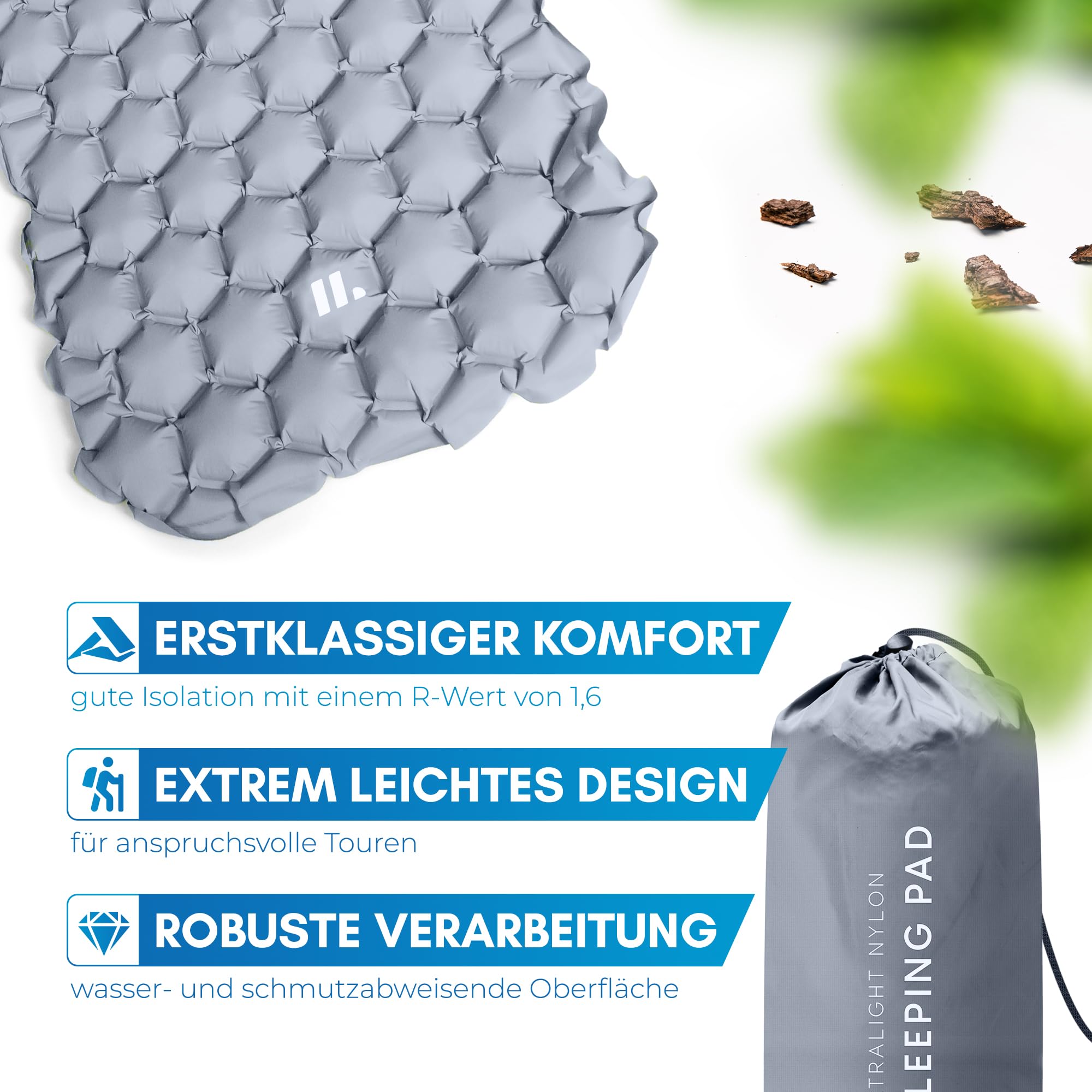 NORDMUT® Karimata outdoorowa [z zestawem naprawczym] karimata kempingowa | ultralekka karimata do wędrówek, aktywności na świeżym powietrzu, na kemping – mały rozmiar po spakowaniu