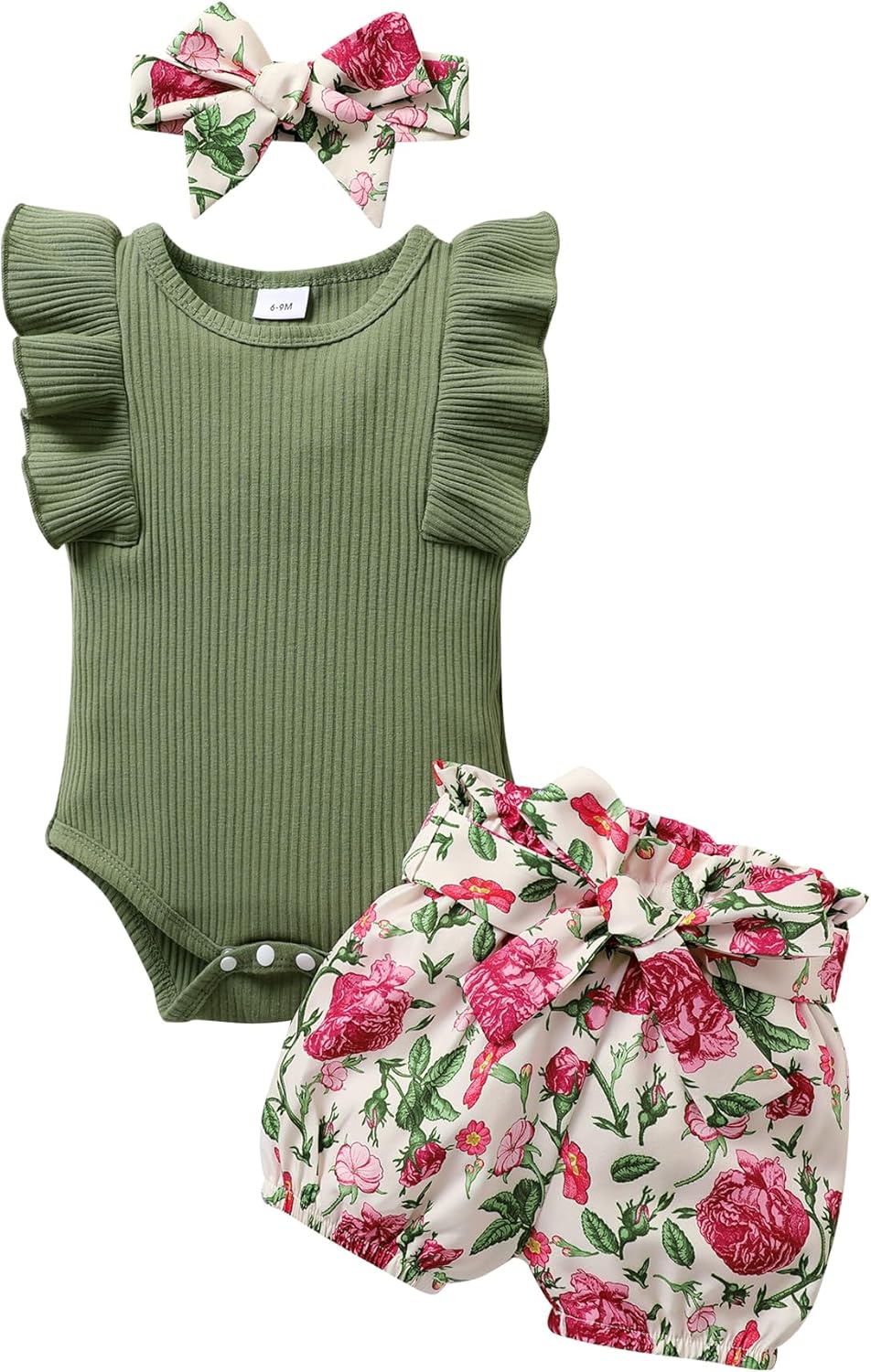 Tiny Cutey Baby Girl Clothes Infant Summer Outfits Set Ruffle Sleeve Romper and Floral Shorts with Headband