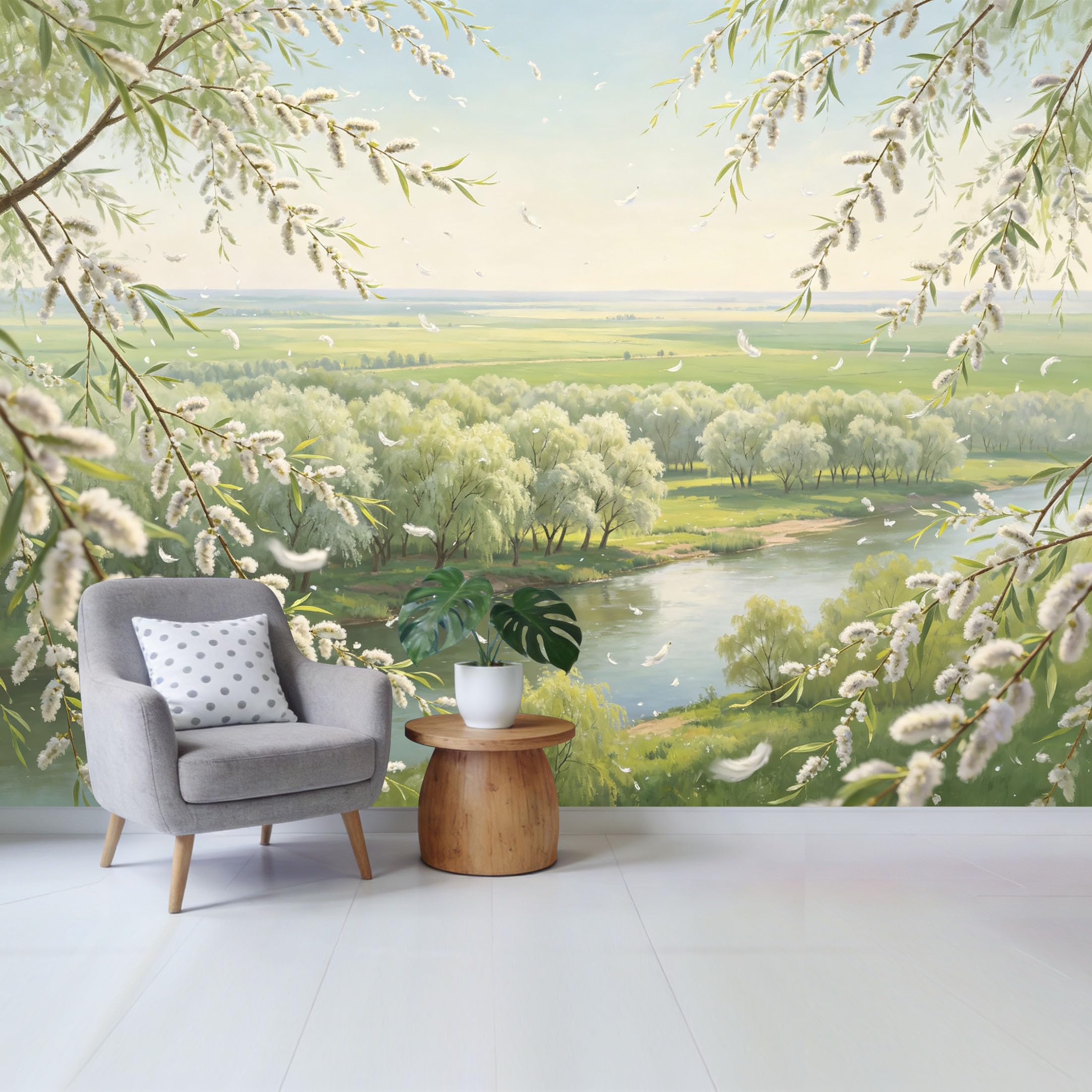 Qzlithotic Yq2605250658 Custom Size Wall Mural Serene Willow River Landscape Watercolor Botanical Style Selfadhesive Wall Fabric Removable Wallpaper For Home Office Decor