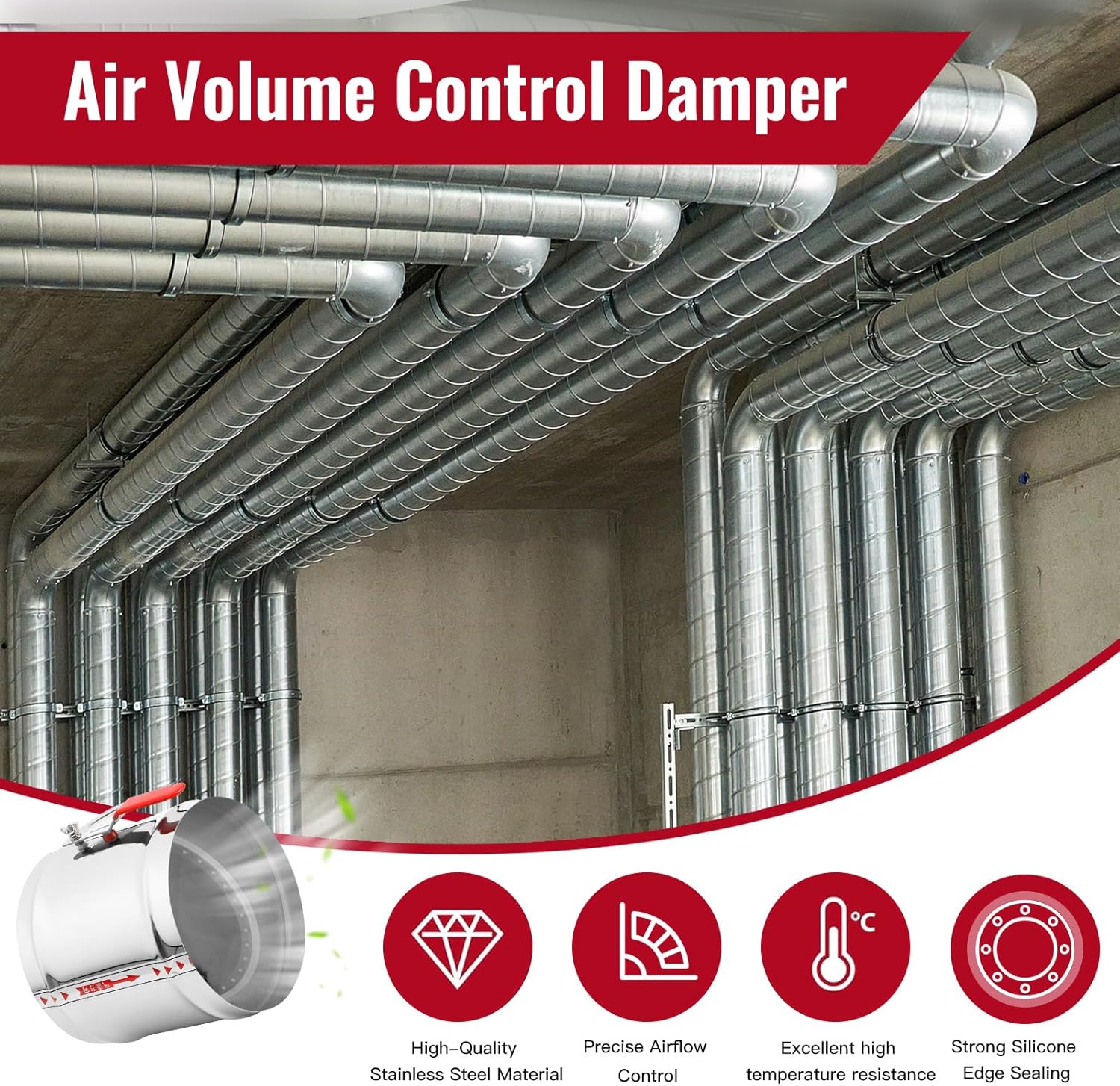 8" HVAC Duct Manual Volume Backdraft Damper, Stainless Steel Adjustment Handle, Airflow Control Valve for HVAC Ventilation System