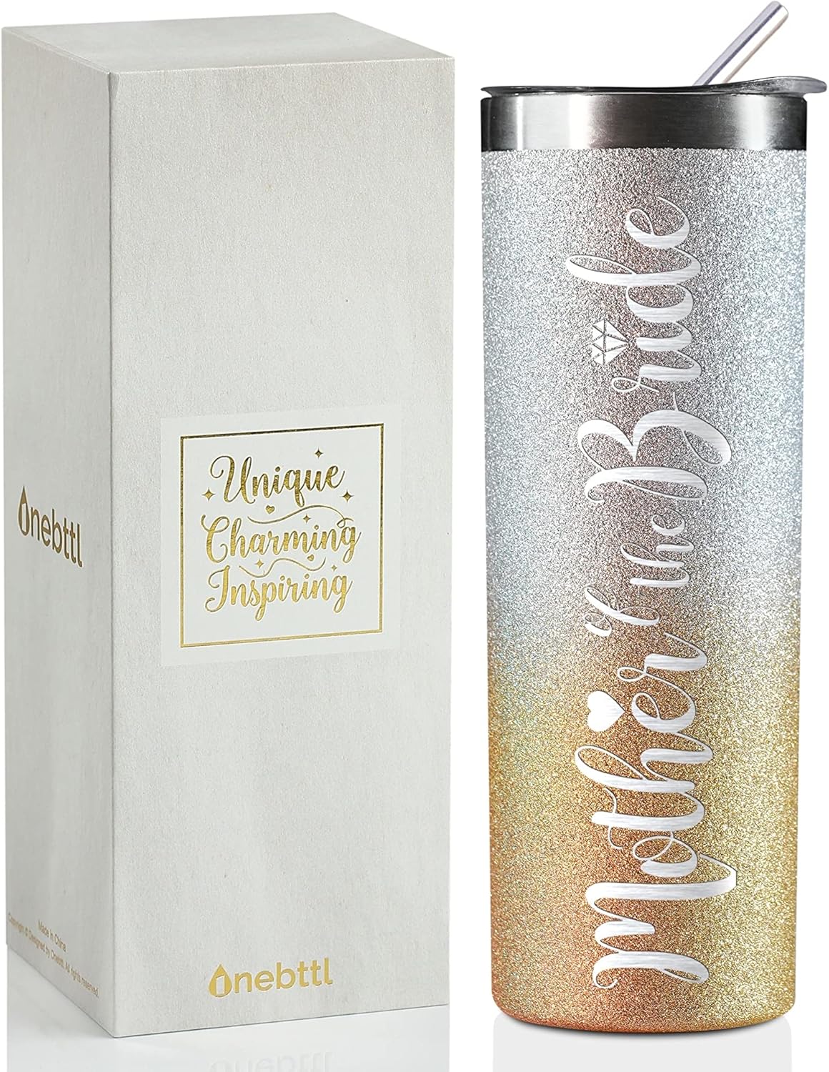Onebttl Mother of The Bride Gifts, 20oz Stainless Steel Skinny Tumbler with Lid and Straw On Wedding Party for Brides Mom from Brides, Daughters (Glitter Gold)