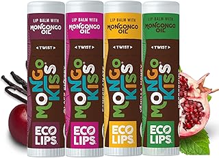 Eco Lips Mongo Kiss Organic Lip Balm 4 Pack Peppermint, Pomegranate, Vanilla Honey, Black Cherry - 100 Percent USDA Organic - Soothe, Moisturize Dry, Cracked and Chapped Lips - Made in USA