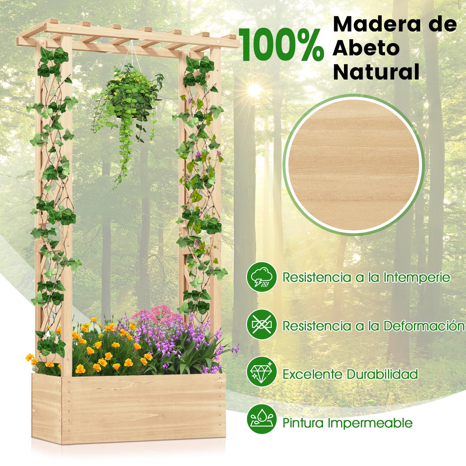 COSTWAY Cama de Jardín Elevada con Enrejado, Jardinera de Madera Independiente con Techo para Colgar, Agujeros de Drenaje para Plantas Trepadoras, Flores, Maceta de Plantación para Patio (Natural)