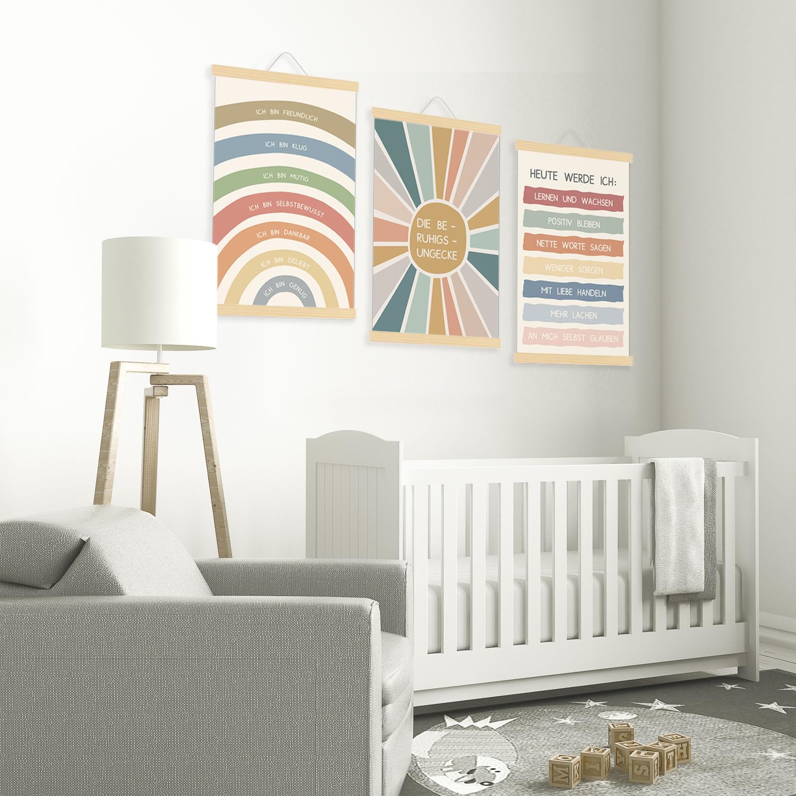 EASTJOY 3 Stück Poster Psychische Gesundheit, Wachstumsmentalität & Positive Affirmationen für Kinder - Leinwandbild Mit Teak Holz Posterleiste，für Beruhigende Ecke oder Klassenzimmer Dekoration