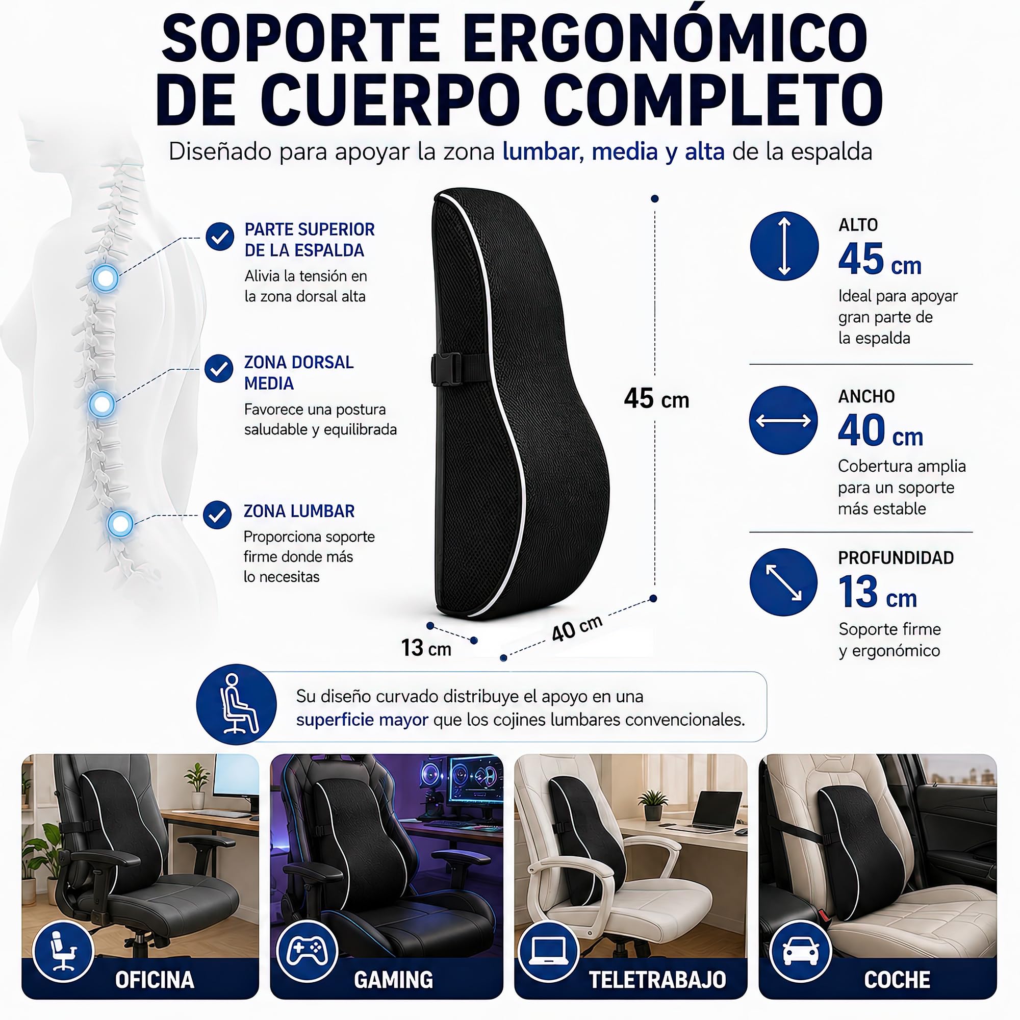 Cojín Lumbar Ergonómico Viscoelástica Alta Densidad D50 con Bolsa – Soporte Anatómico para Espalda y Cervicales – Correas de Sujeción Ajustables y Base Antideslizante – Oficina, Coche o Sofá – Negro