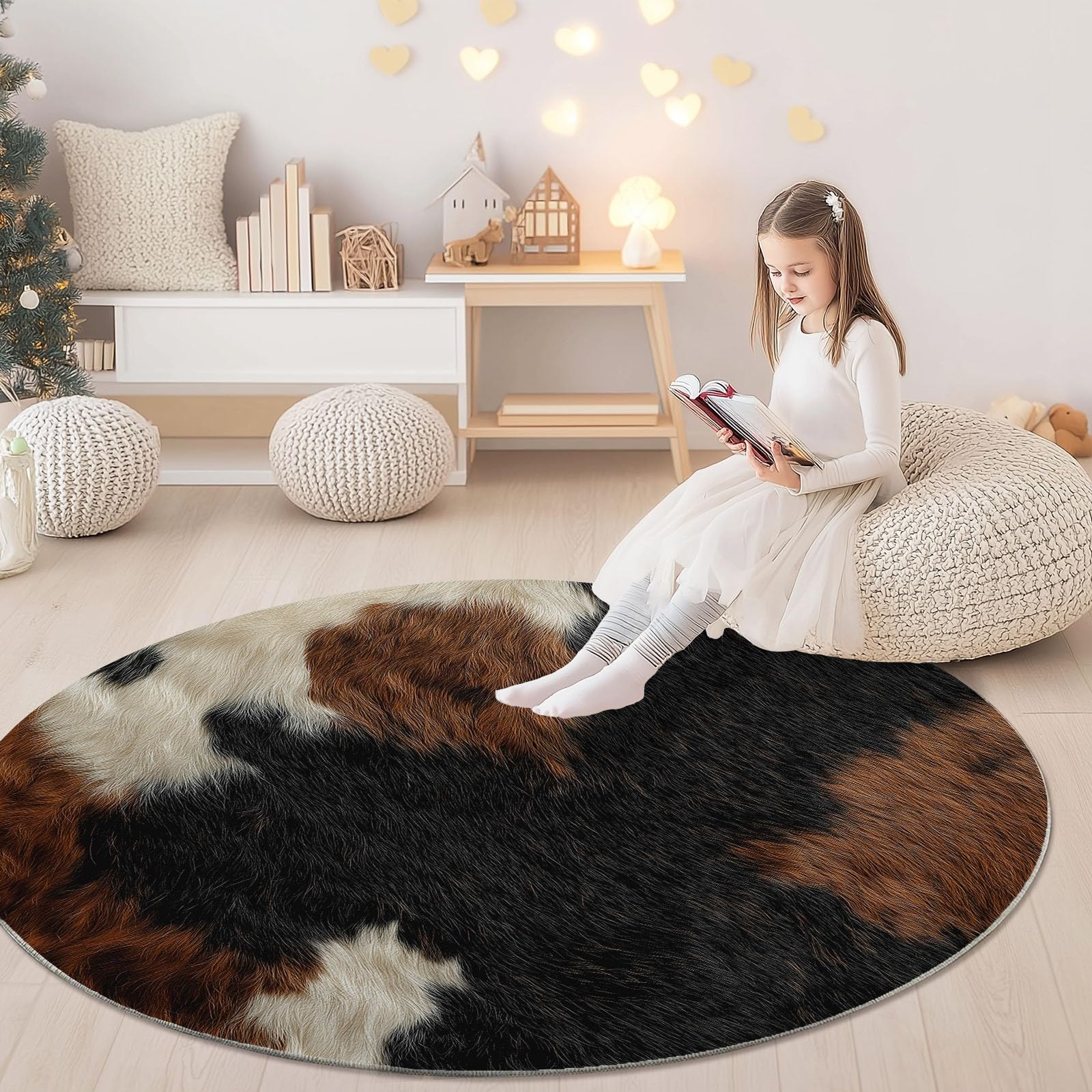 Générique Tapis Rond Lavable 120 cm – Motif Peau De Vache Texture, Tapis Rond antidérapant à Poils Ras, Noir pour Salon Chambre Cuisine Balcon Terrasse et Salle à Manger