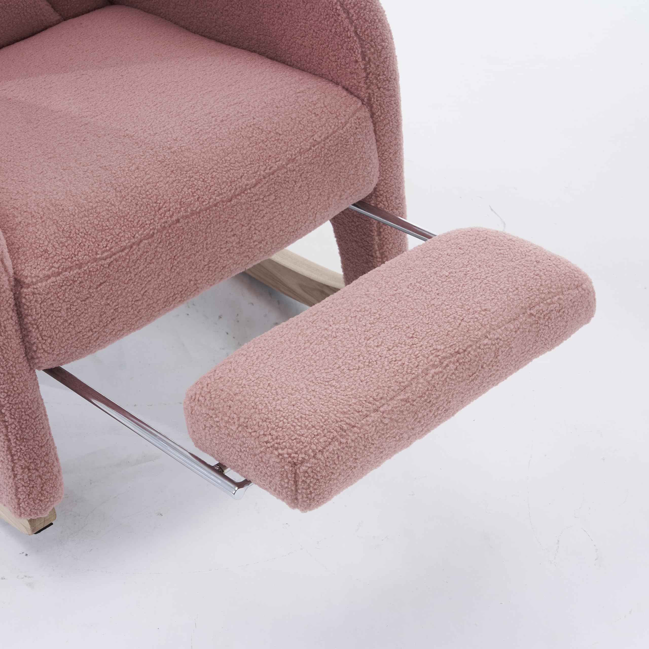 052 Mecedora, sillón relax, silla de salón con reposabrazos, mecedora acolchada, silla acento para dormitorio, tela de peluche rosa, capacidad de carga de 110 kg
