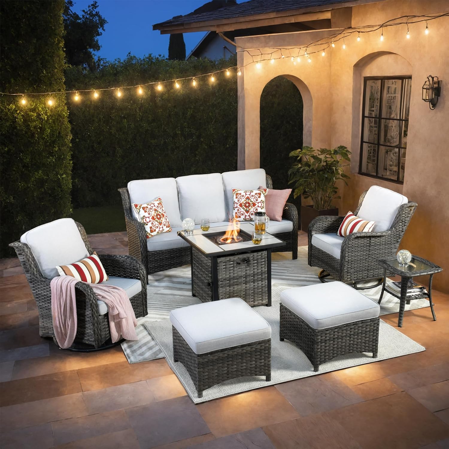 Patio Furniture Set with Fire Pit Table Swivel Chairs,7 Pieces Outdoor Furniture with All Weather Wicker Sofas,Outside Conversation Sets with Ottoman,Grey