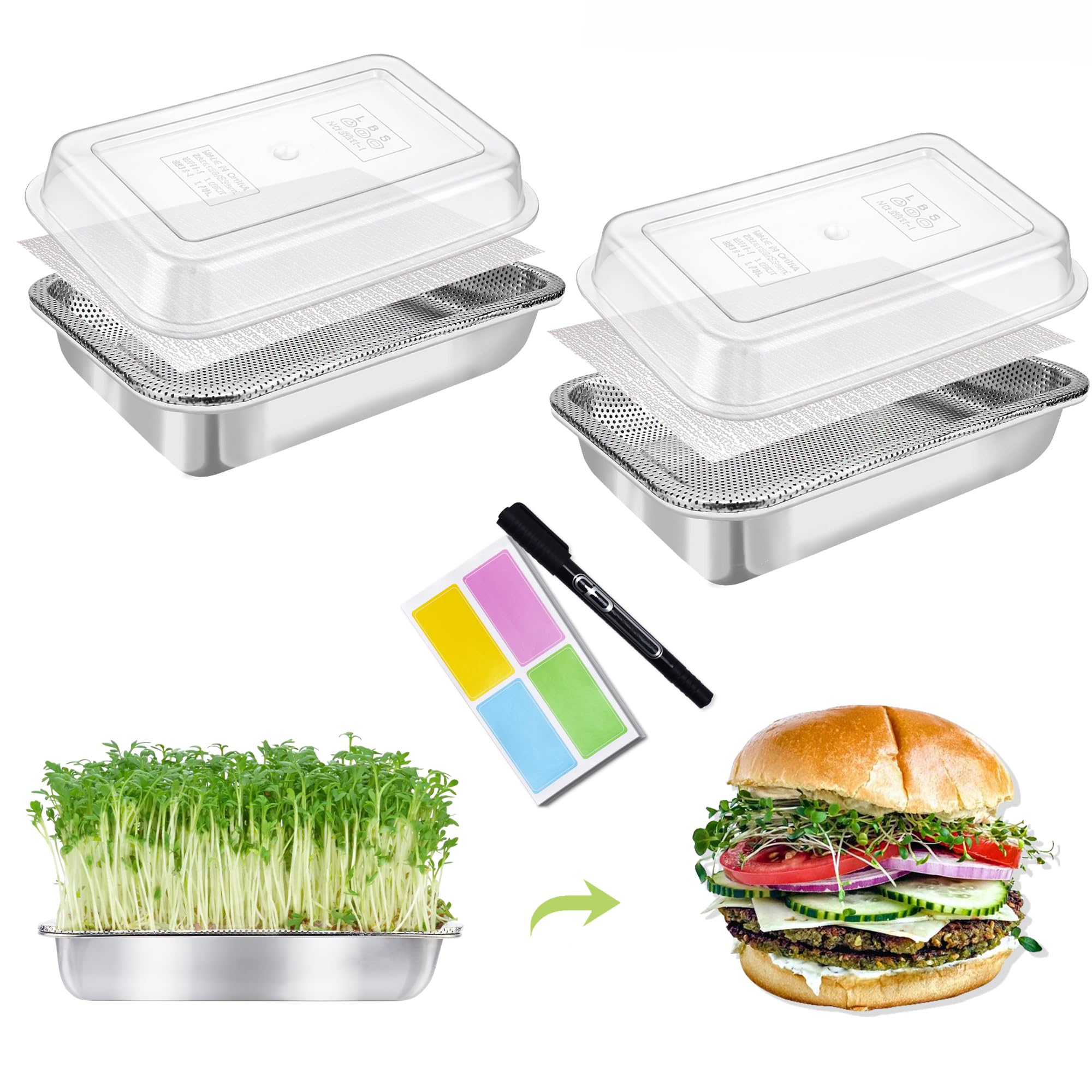 Sprossen-Anzuchtset aus Edelstahl, 2-stöckig, 35,6 cm, Tabletts mit Acryl-Deckel, Microgreens Anzuchtset, Samenkeimschale mit verschlüsseltem Netz und Deckel, Sprossen für Bohnen