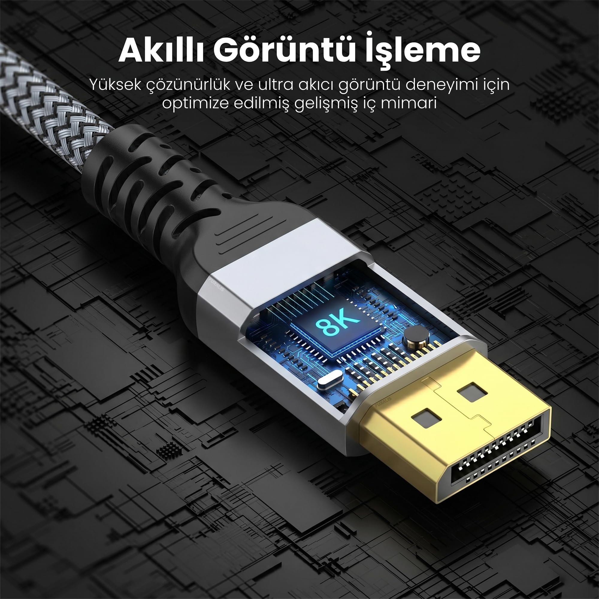 Furalis 8K DisplayPort Kablosu DP 1.4 (3 METRE) - 8K 60Hz / 4K 144Hz / 2K 165Hz - HDR10, 3D, Ses+Görüntü - Alüminyum Gövdeli ve Örgülü Gaming Monitör Kablosu