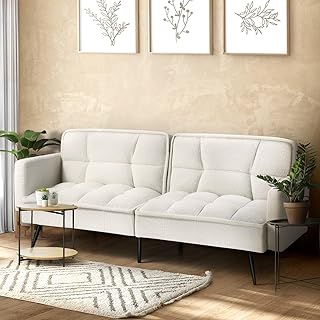 Oikiture Sofa Bed Lounger Futon - Boucle 3-Seater with Adjustable Backrest, Ideal for Living Room or Guest Use White