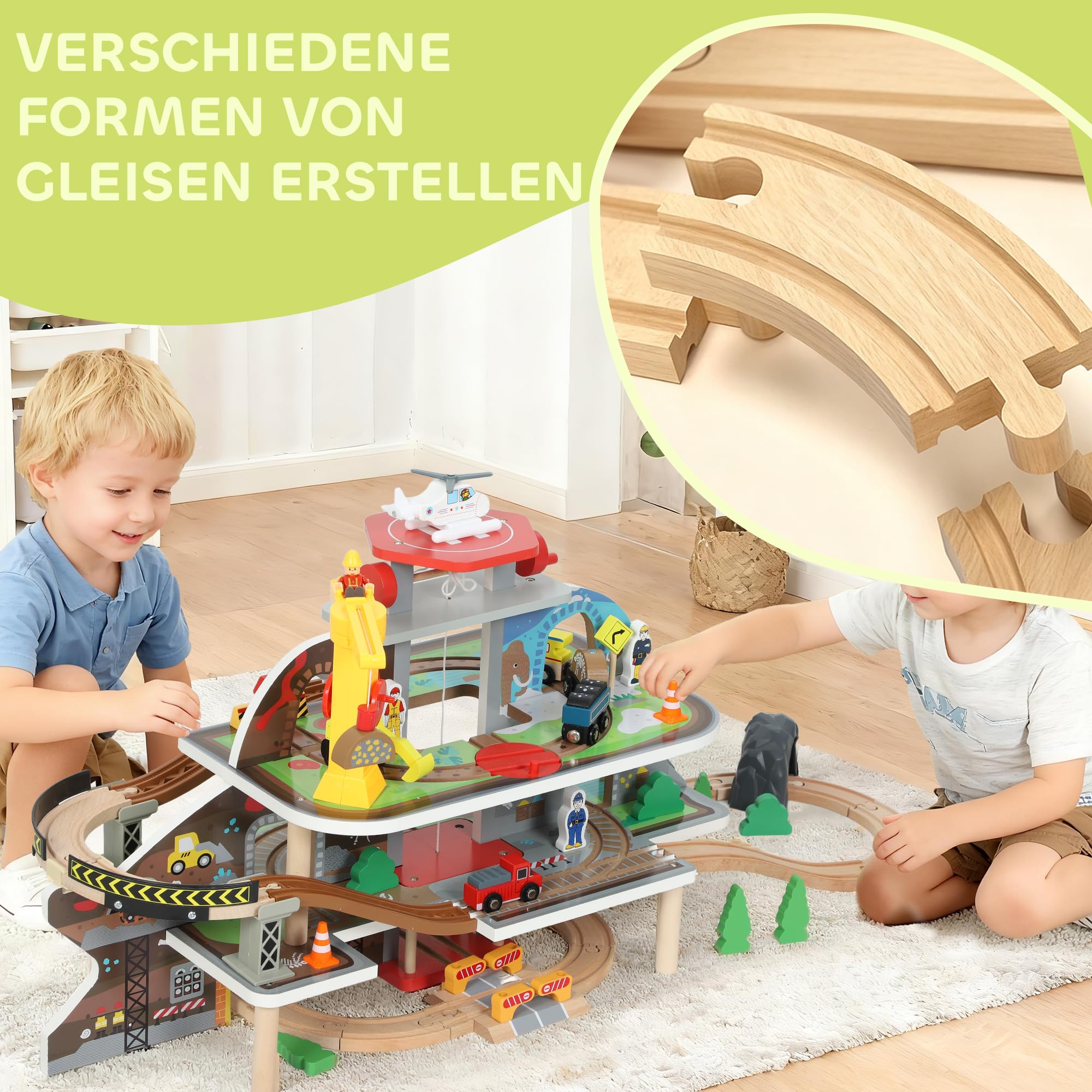 AIYAPLAY Holzeisenbahn Set 3 Ebene 79 Stück für Kleinkinder ab 3 Jahren