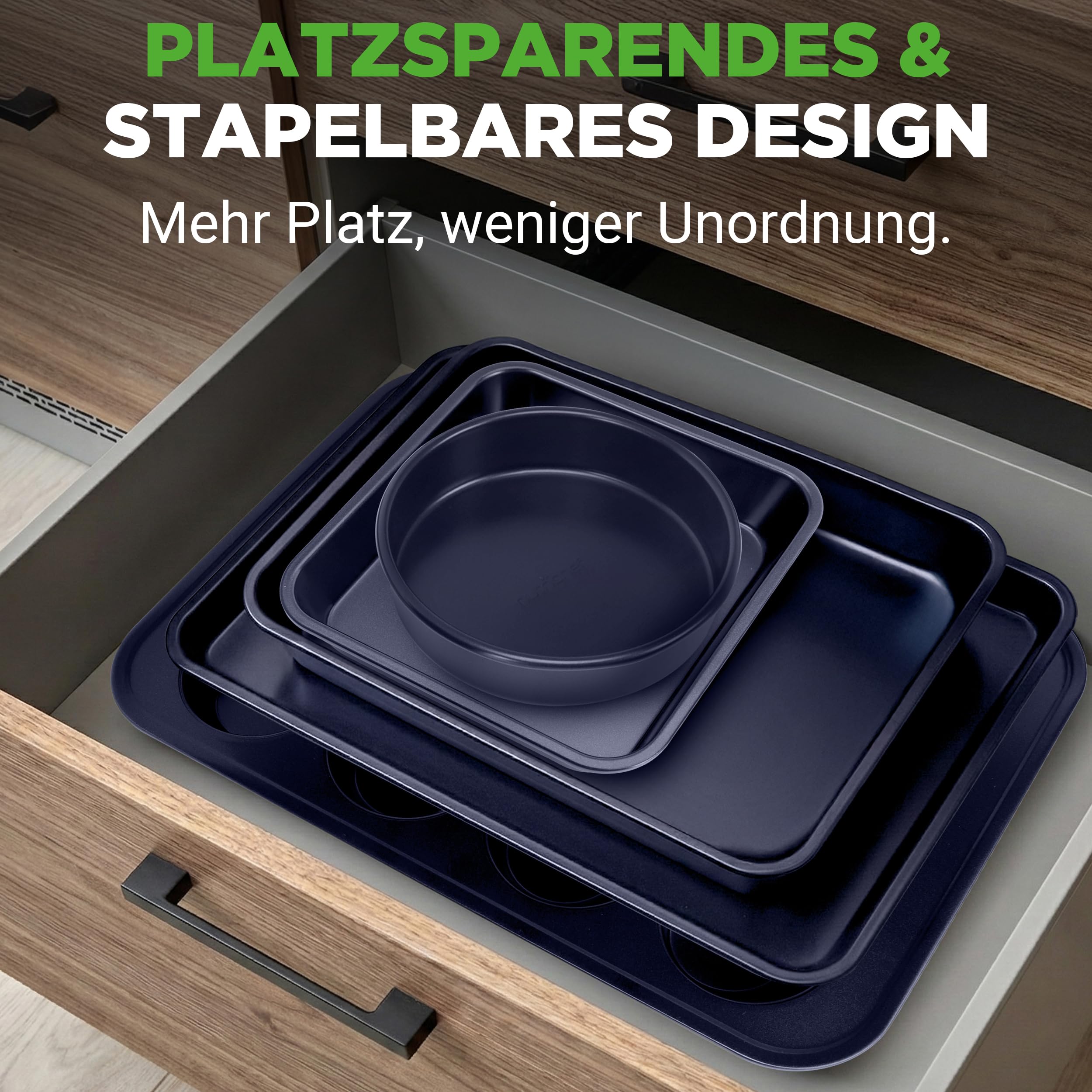NutriChef Backformen-Set Blau – Backblech, Auflaufform, Muffin Backform, Brotbackform, Antihaft Karbonstahl Ofenfest bis 230 °C, Spülmaschinenfest, Stapelbar – Eckig & Rundes Backset, PFOA-frei