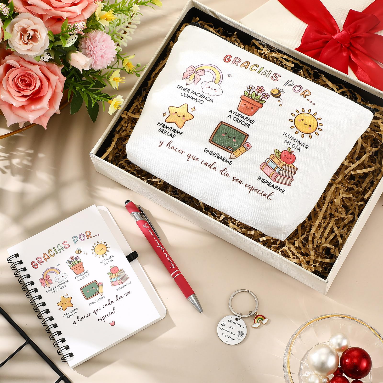 BBTO 4 Piezas Regalos para Profesores Maestra Llavero Bolígrafo Bolsa de Maquillaje Arcoíris y Cuaderno para Día del Maestro Despedida Cumpleaños Agradecimiento Graduación Fin de Semestre(Arcoíris)