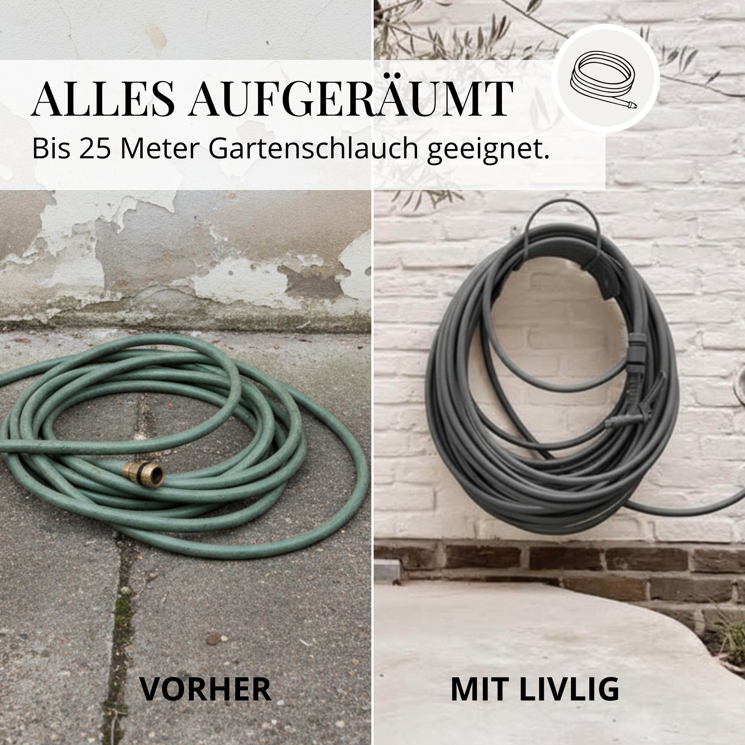 Livlig53 LIVLIG Schlauchhalter, Made in Italy Gartenschlauchhalter - aus pulverbeschichtetem Stahl geeignet bis 25 m Schlauch, Schlauchhalter Wand mit Schrauben und Dübeln, Anthrazit