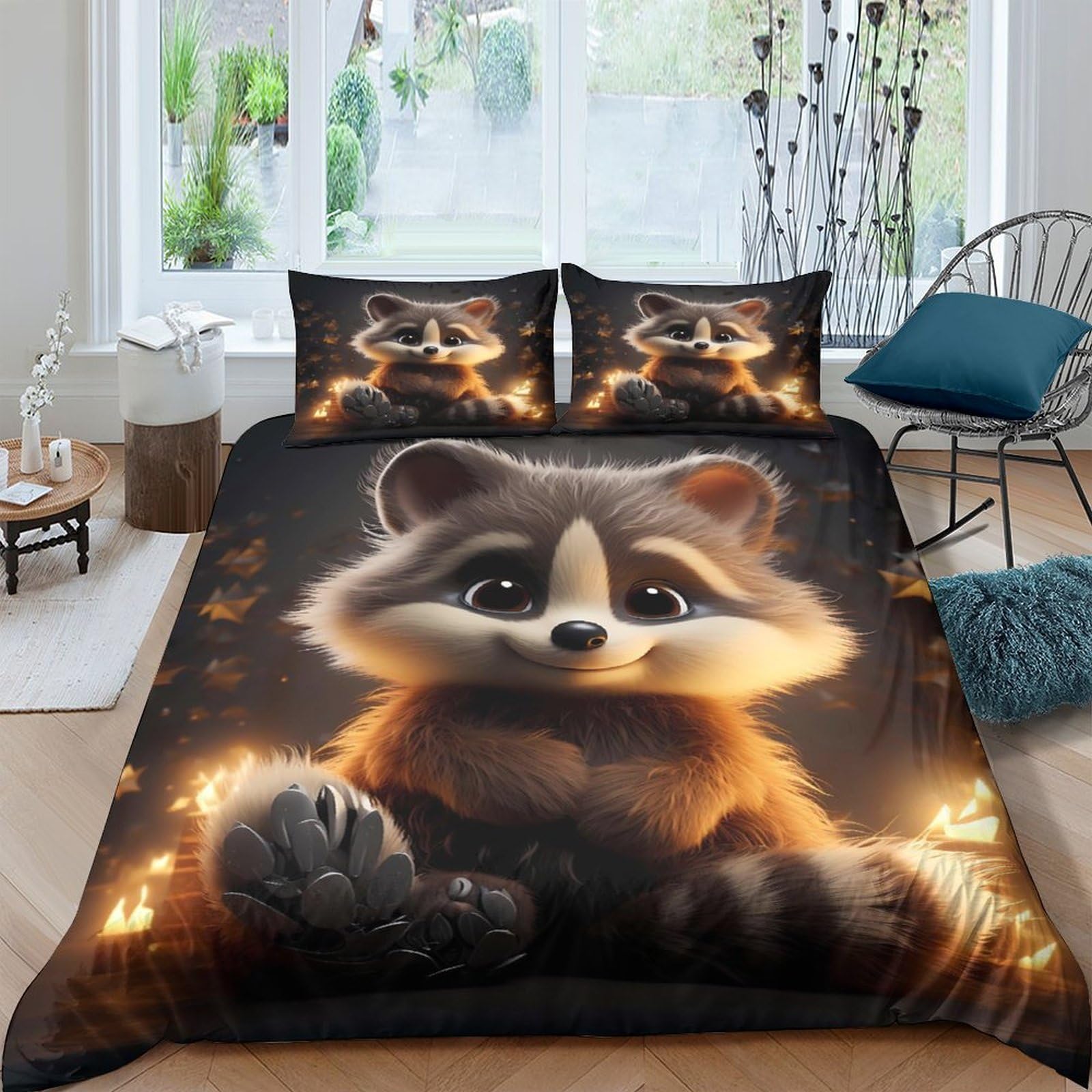 Ctjqhvkz Style-5 3D Printed Cute Raccoon Fitted Sheet Microfiber Soft Breathable Forest Night Bed Cover For Bedroom Dorm Decor Single（135X200cm）