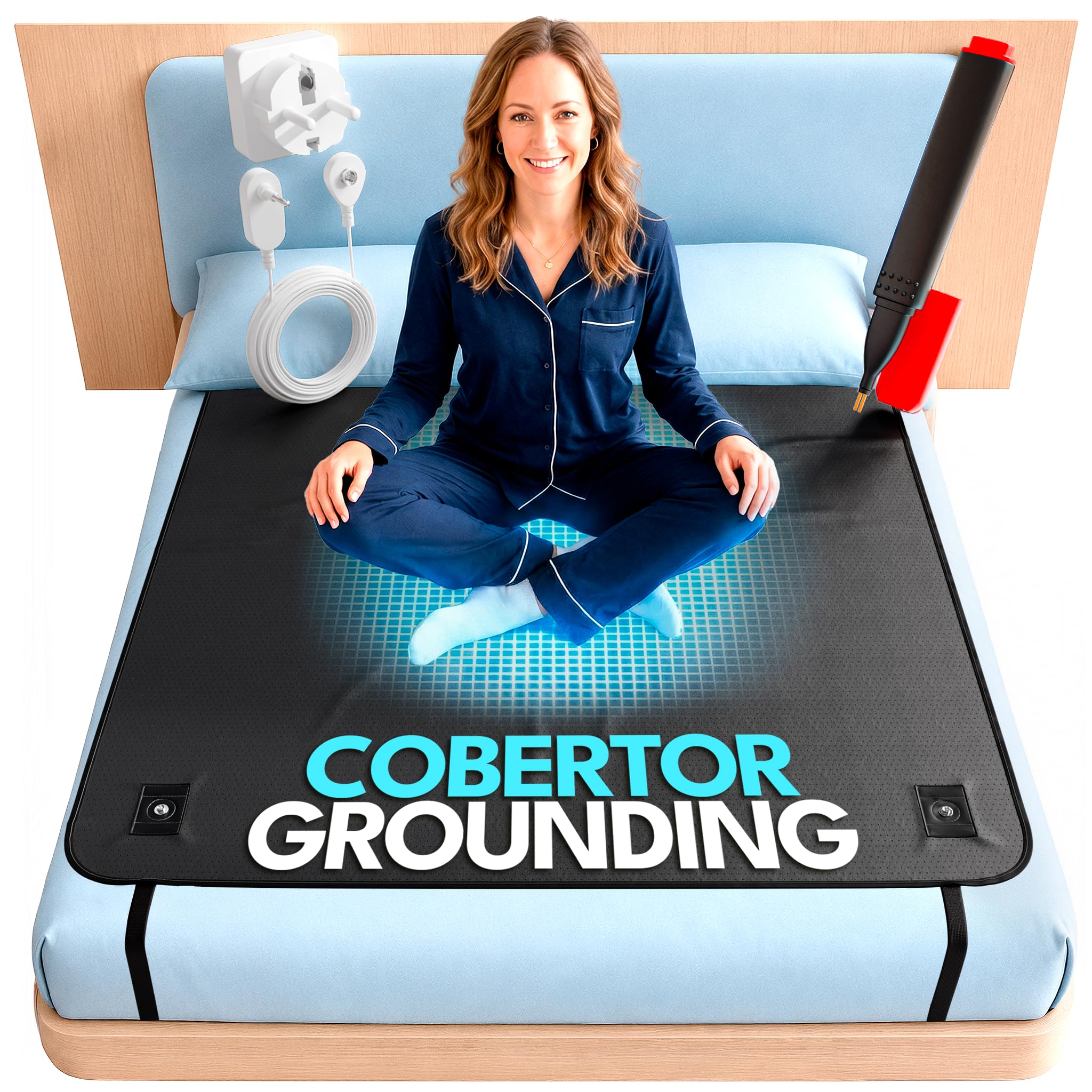 Grounding Mat Premium con Verificador Lápiz | Alfombrilla Earthing para Conexión a Tierra, Sueño Profundo y Reducción del Estrés | Incluye Enchufe y Cable | 2 Tamaños (185x137)