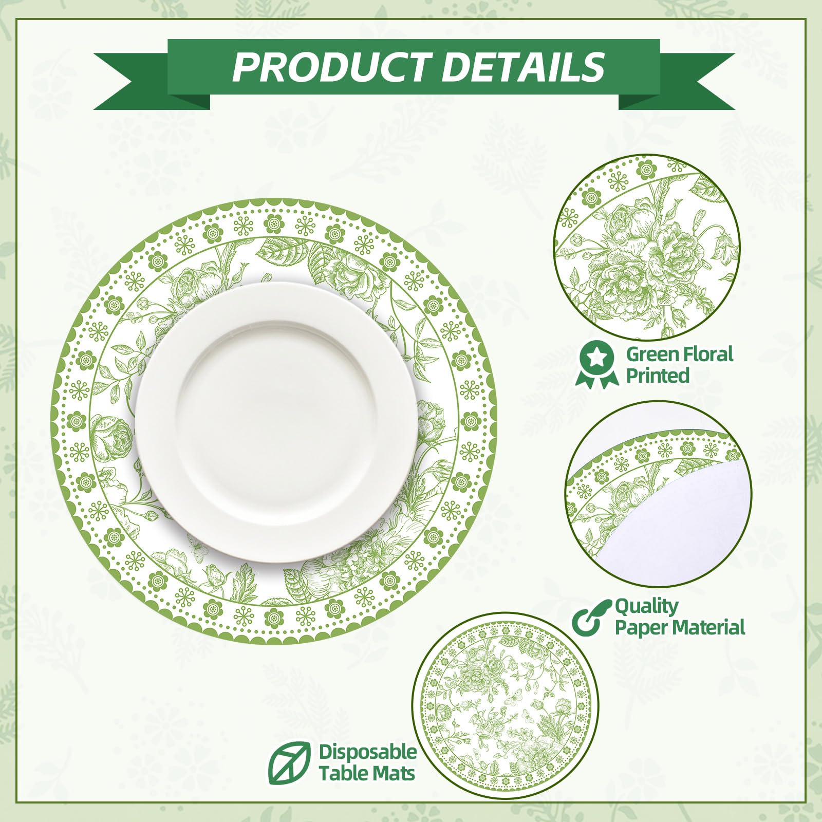 50 manteles individuales de papel floral verde de 14 pulgadas, manteles individuales redondos de chinoiserie con flores, desechables, decorativos, para mesa de comedor, banquetes, suministros de