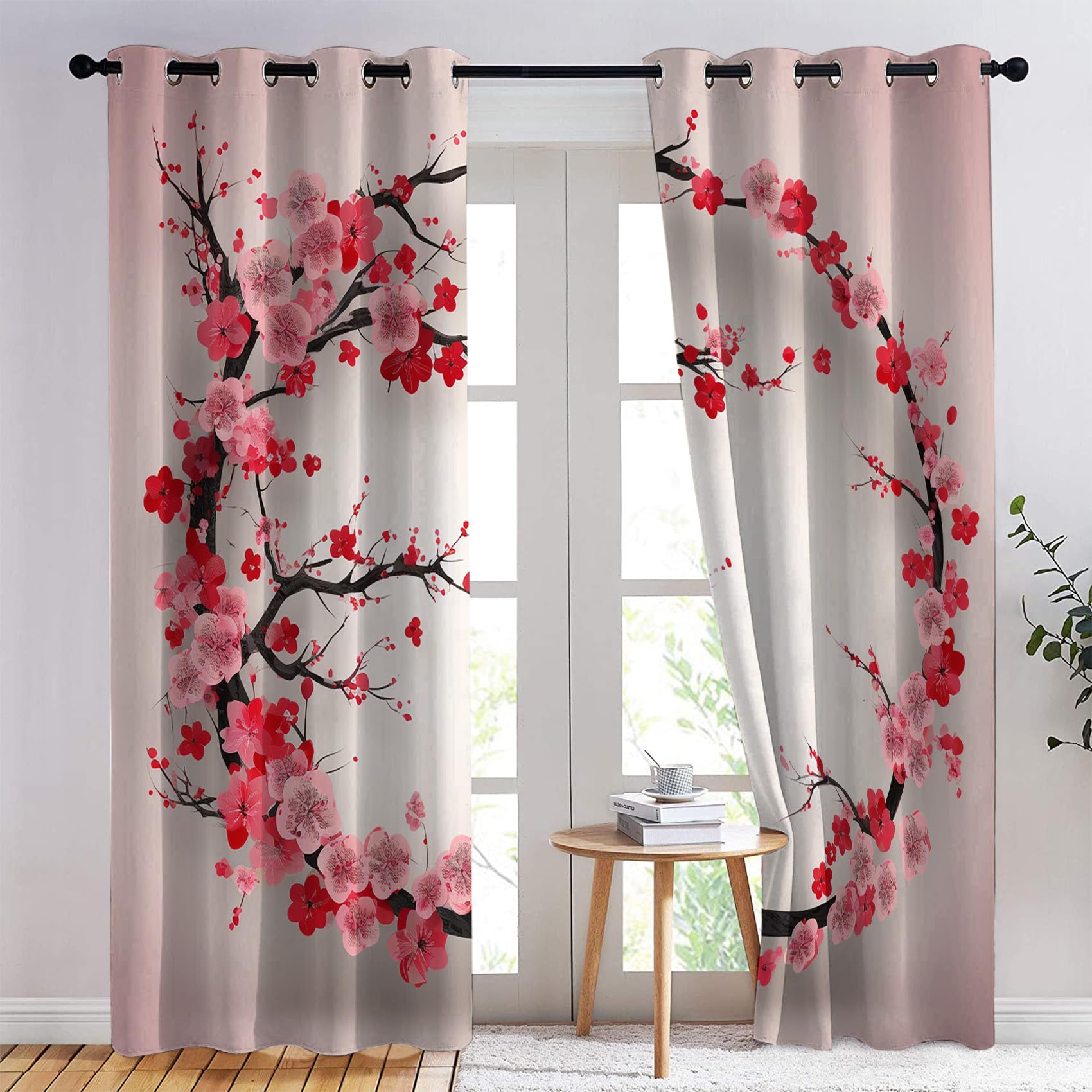 Rideau Occultant, Motif Fleur de Cerisier Japonais - Rideaux Thermiques Imprimé pour Salon Chambre Fenetre, Lot de 2 Rideaux et Draperies Intérieurs à Oeillets, 140x240 cm (L x H)