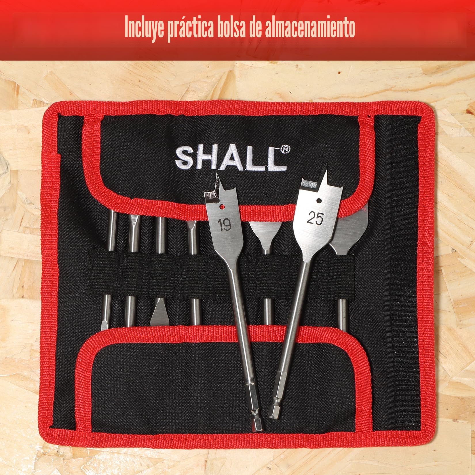 SHALL 8 piezas Juego de Brocas de Pala, vástago hexagonal de cambio rápido de 1/4 de pulgada, Ø 6-32 mm, broca plana para madera, con bolsa de almacenamiento