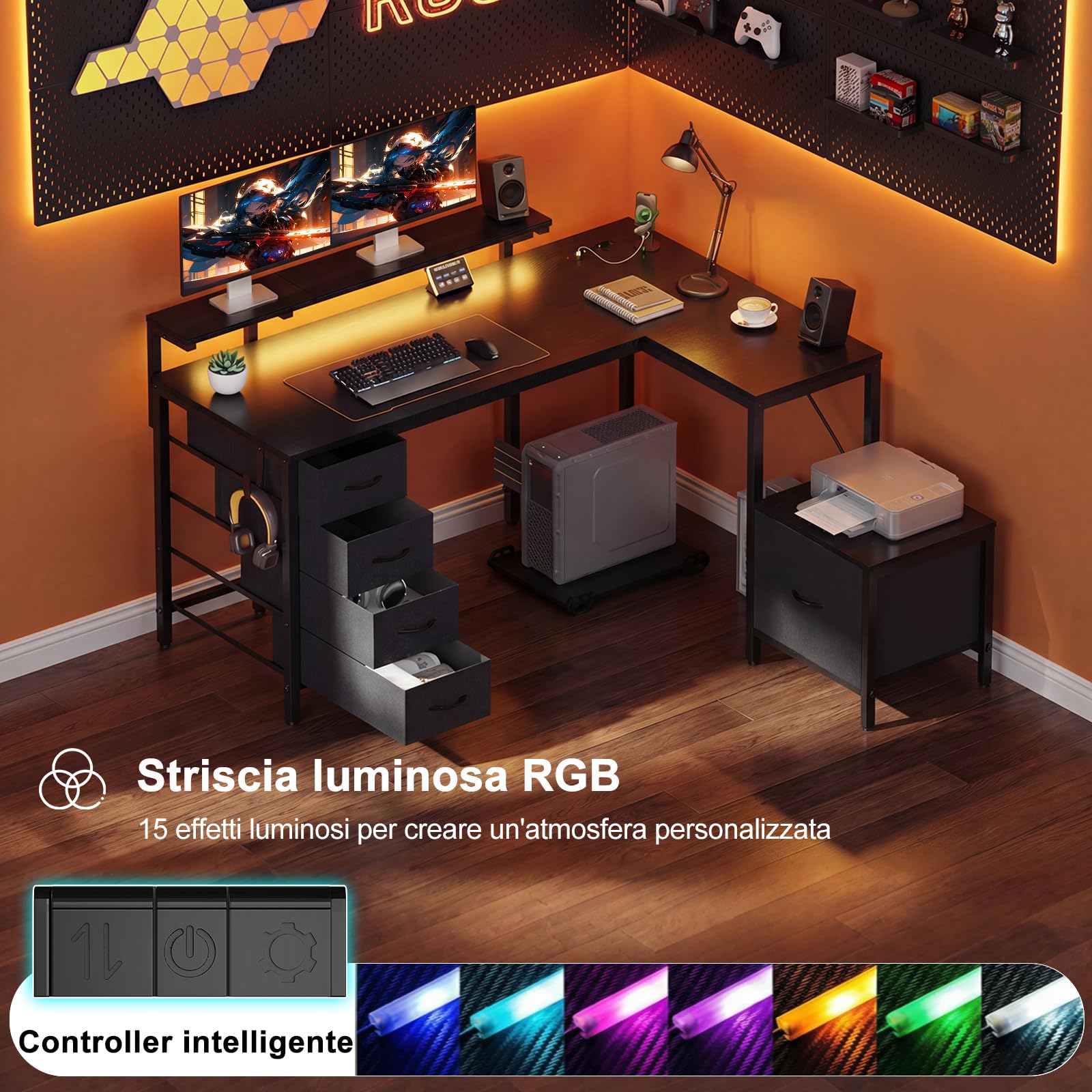 JUMMICO Scrivania angolare con mobile, scrivania reversibile a forma di L, con presa di corrente e porte USB, luci LED e ganci, scrivania da gioco ideale per casa e ufficio, 139 x 120 cm, nero
