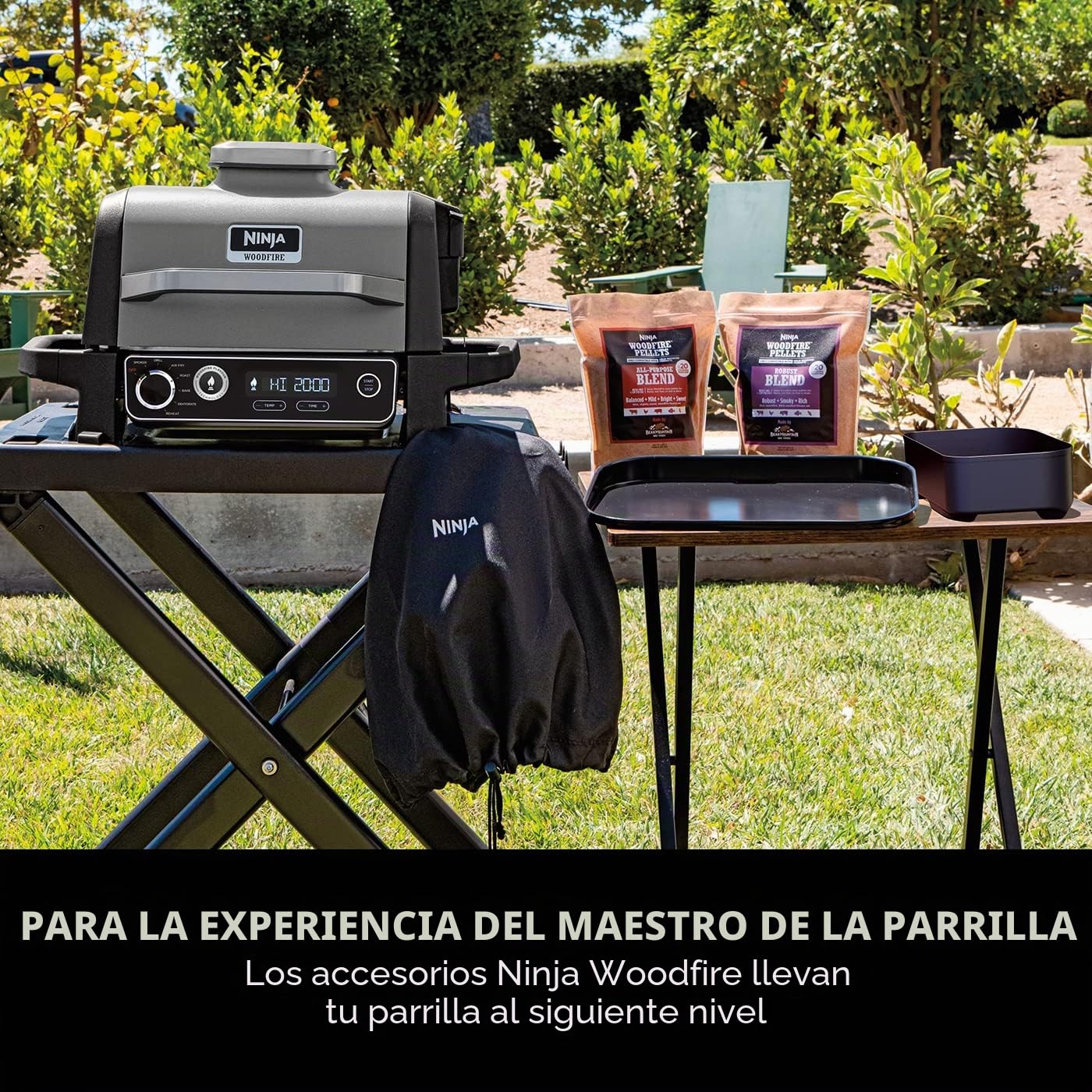 Ninja OG701UK Woodfire Electric BBQ Grill & Smoker, 7-en-1 Parrilla al aire libre y freidora de aire, asado, hornear, deshidratados, uso Woodfire Pellets, Resistente a la intemperie, Antiadherente,