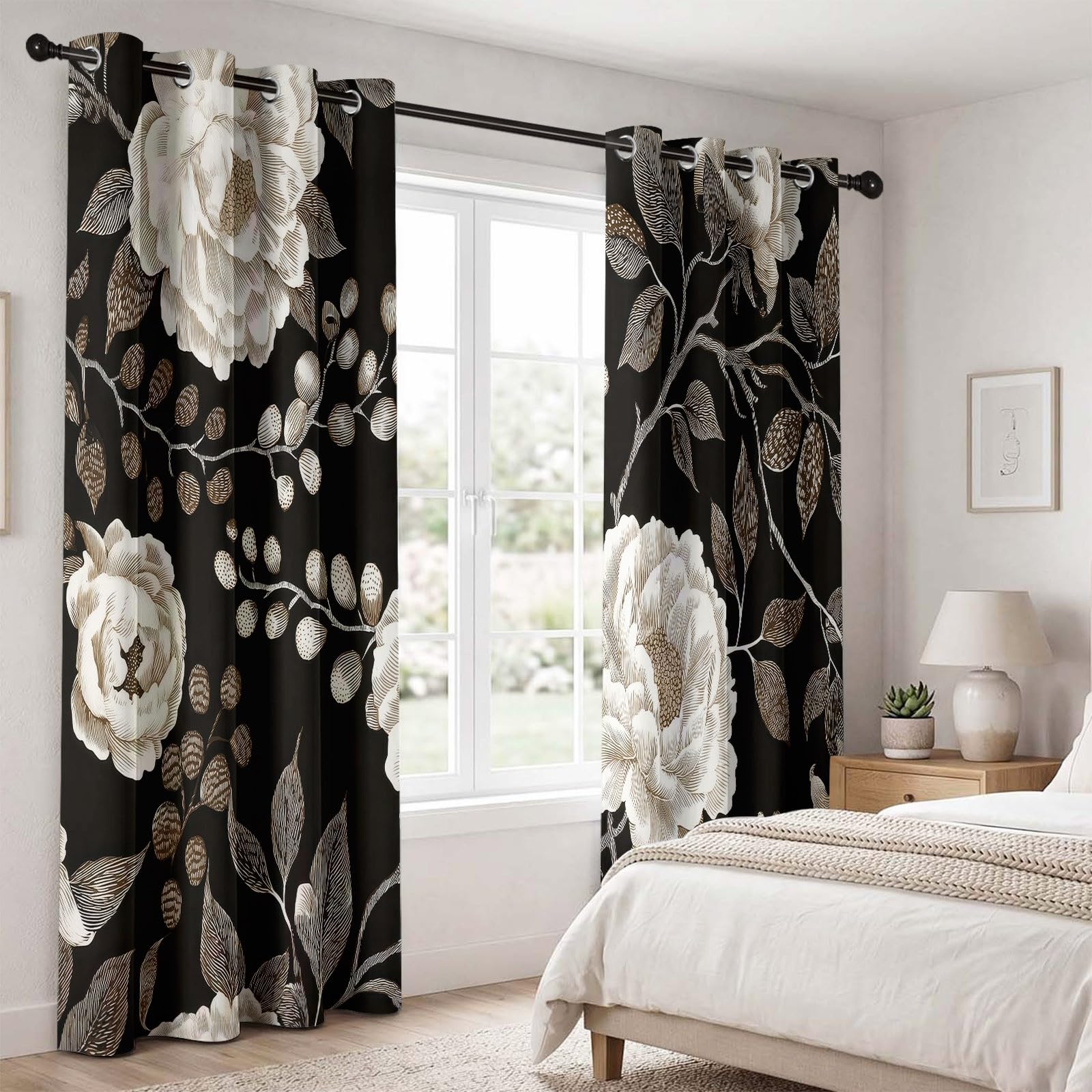 Rideau occultant à Motif de Pivoine Botanique Victorienne, Plante Rideaux œillets Isolation Thermique Traitements fenêtre à œillets pour Chambre À Coucher, 140L X 260H cm (2 Panneaux), Noir