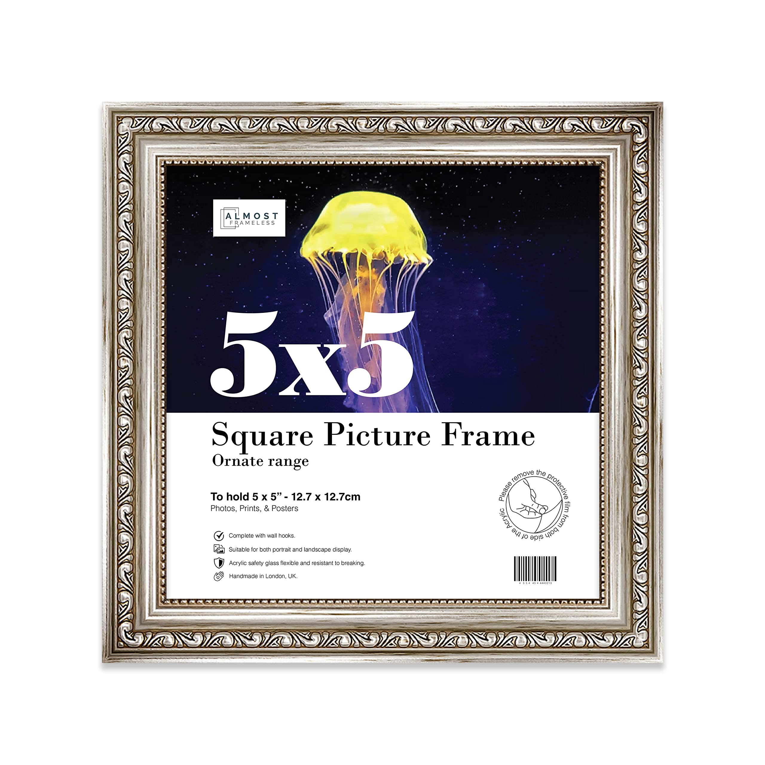 Almost Frameless 5x5 Silver Ornate Picture Frame 5"x5" (12.7x12.7cm) Poster, Photo, Artwork, or Print. Shabby Chic Style Portrait and Landscape Display with Wall Hooks