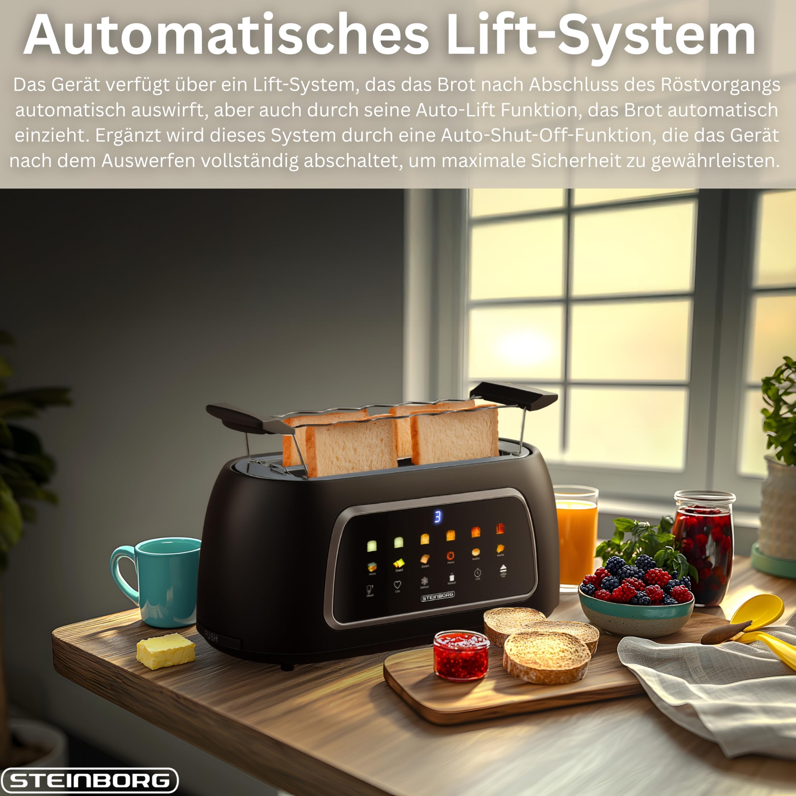 Steinborg Tostapane automatico con inserto per panino, 4 fette, funzione di sollevamento automatico senza leva, tostapane automatico, display digitale, indicatore del pane, spegnimento automatico