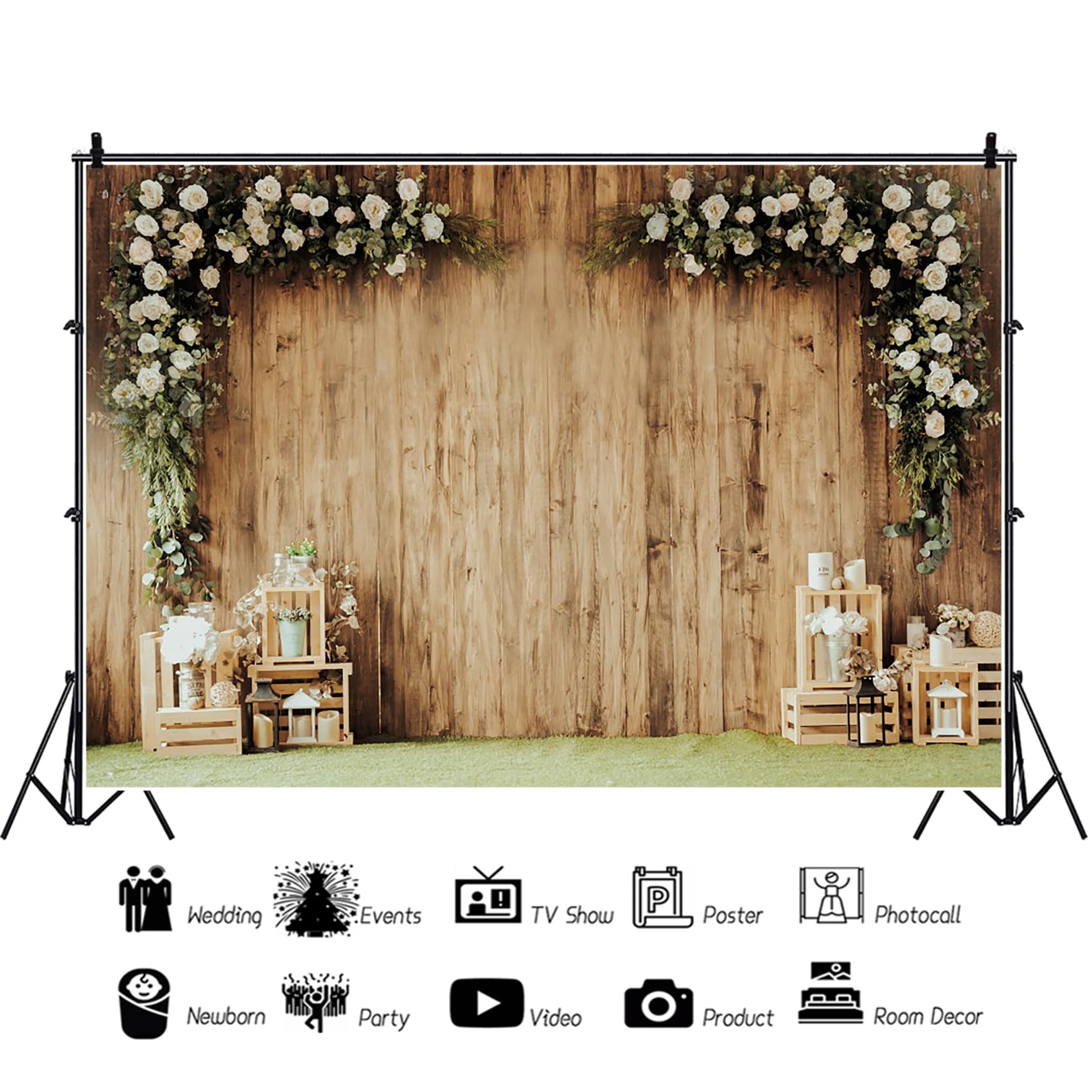 Fond de Mariage 3x2m Bois Rustique Fleur Blanche Jardin Secret Accessoires Studio Photo Portrait Vinyle