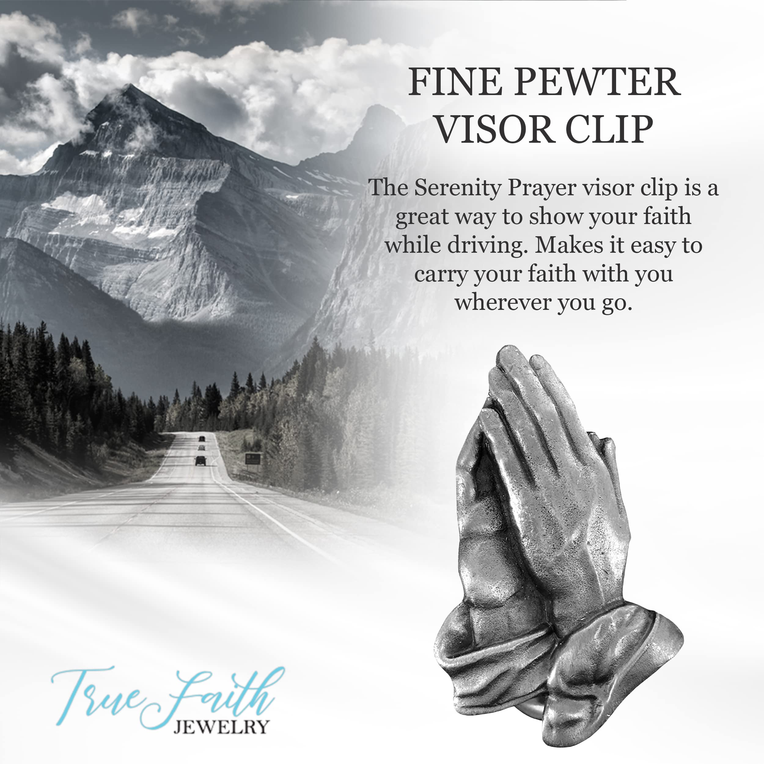 True Faith Jewelry Pewter Serenity Prayer Praying Hands Auto Visor Clip for Car, Great New Driver Gift, Fine Pewter (92% Tin), 1-7/8 x 1-1/4 Inch