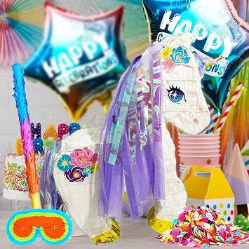 مجموعة حفلات Unicorn Pinatas مع Buster Stick و Blindfold و Confetti و Happy Celebration Balloons - مثالية لأعياد الميلاد والاحتفالات السحرية
