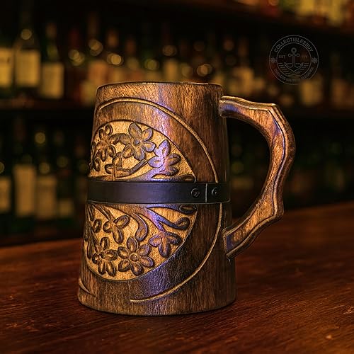 Miniatura 7 de Taza de cerveza de madera hecha a mano – Vaso de cerveza estilo rústico estilo barril vintage para cerveza, café, té, regalo único para hombres y