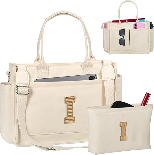 Miniatura 152 de Easter Basket Stuffers, Initial Tote Bag with Makeup Bag, Birthday Gifts for Women, Teen Girl Gifts Trendy Stuff Beige,Negro