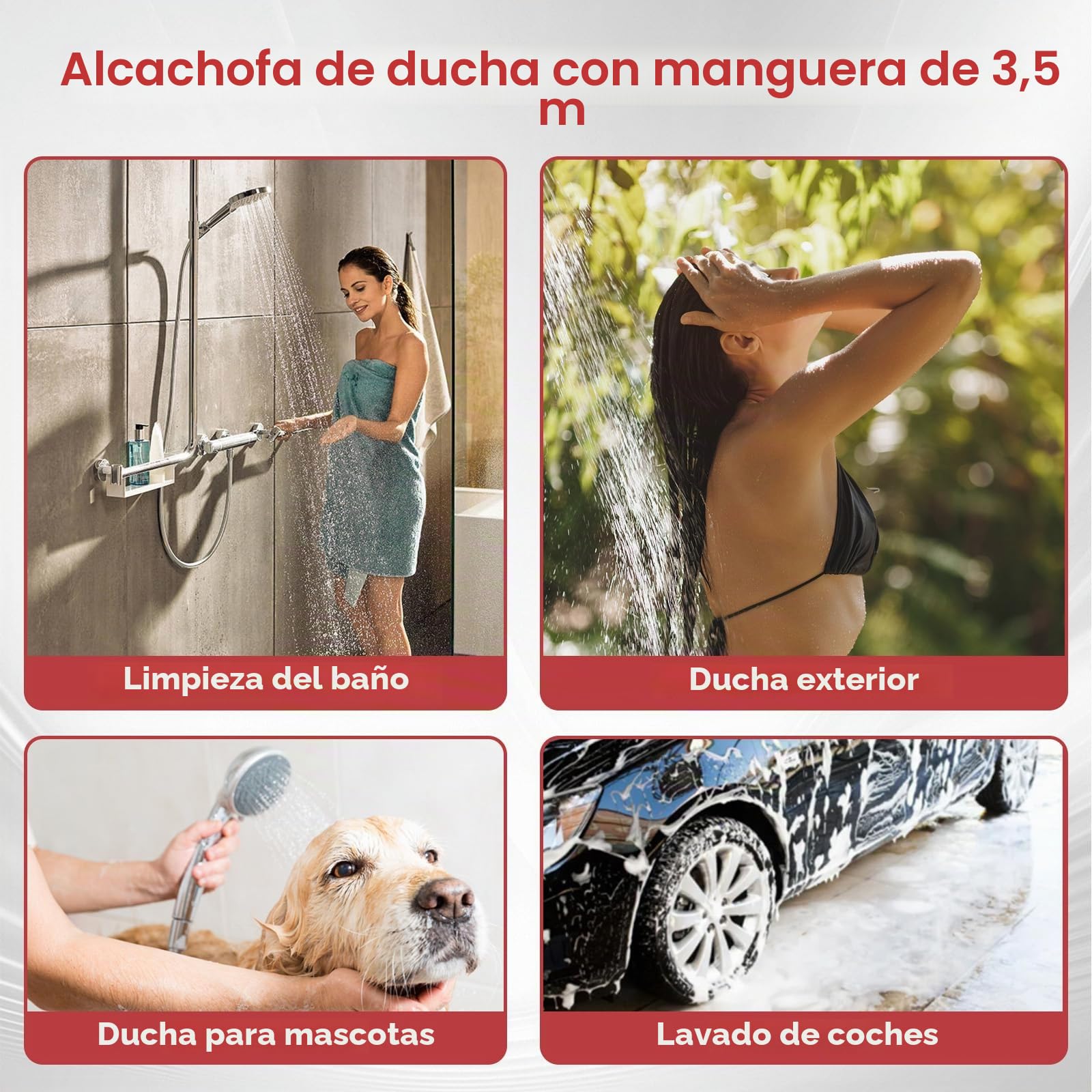 CAMPLUX Ducha de Mano de Alta Presión con 3 chorros, Interruptor ON/OFF, Manguera Roja de Extensión de 3,5 Metros, Conector de Clip, Conexión Universal G1/2'', SH12