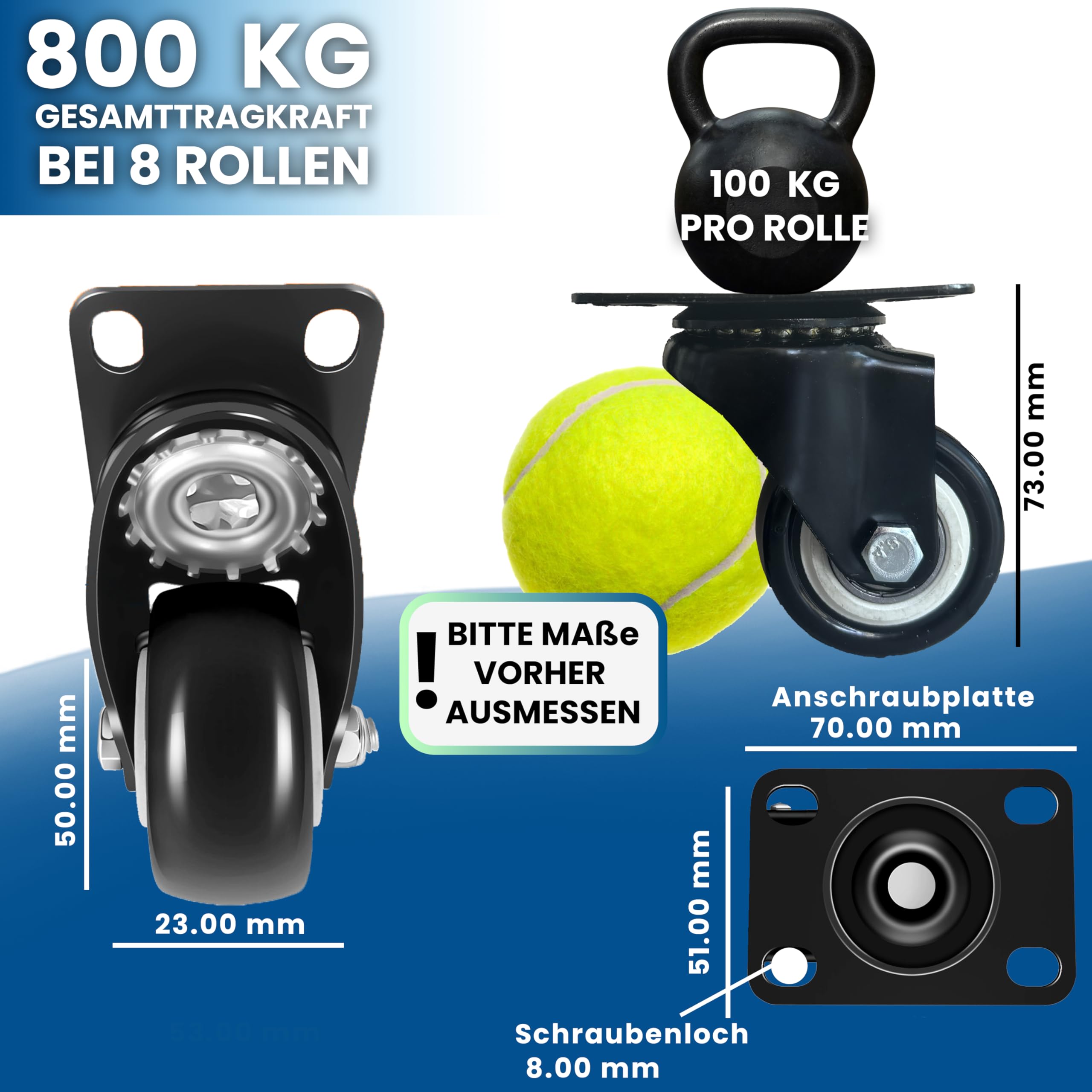8er-Set Schwerlastrollen in 50mm, 800kg Tragkraft & leichtgängigen Rollen ohne Bremse für müheloses Verschieben schwerer Lasten wie Strandkorb, Werkbank & mehr + Gratis E-Book mit Profi-Tipps