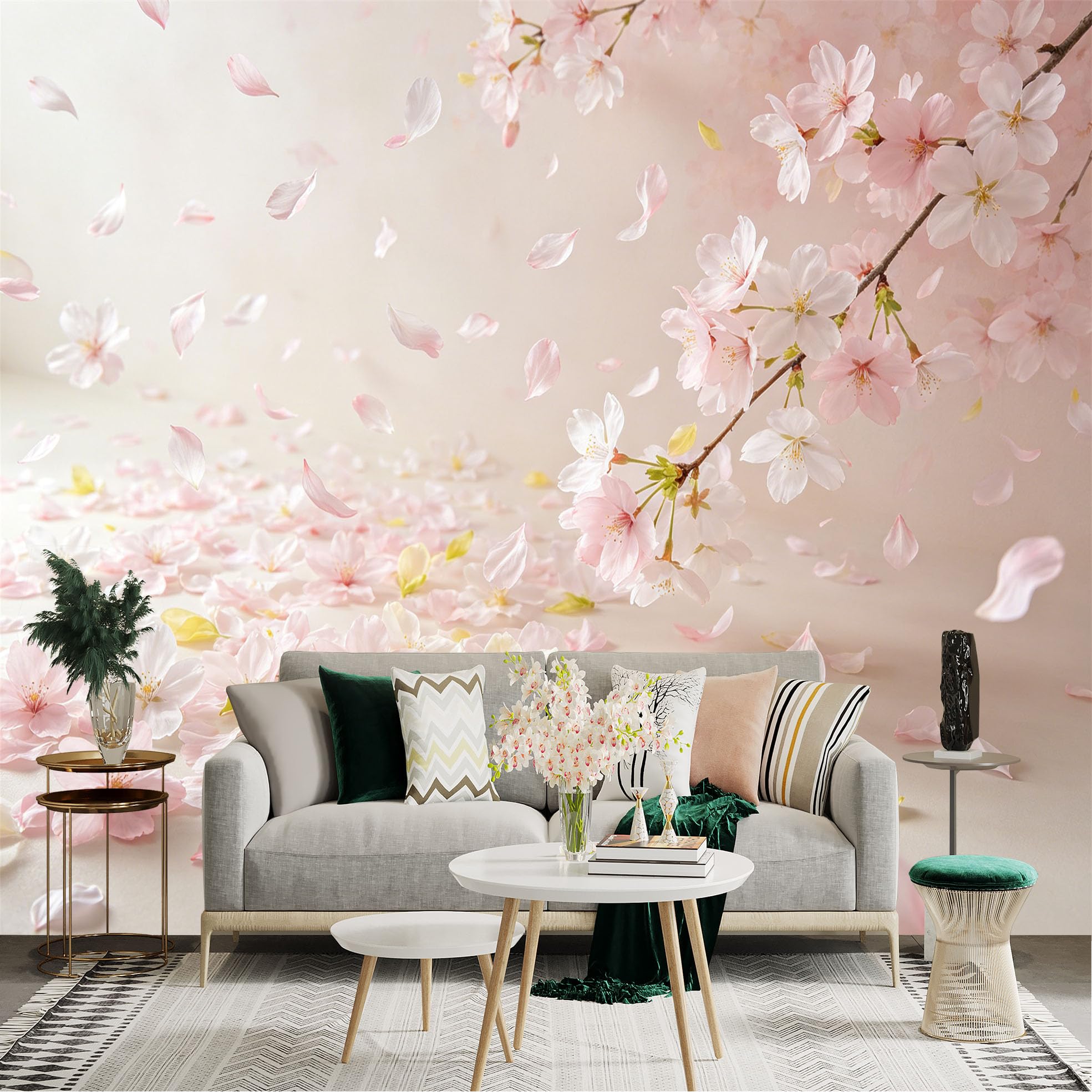 Lnzczhyre Dbh260521916 Custom Size Wall Sticker Mural， Pink Cherry Blossoms， Romantic Floral Petals， Spring Botanical Bloom， Soft Pastel Flower Atmosphere， For Wall Decoration， Peelandstick Wall Decals.