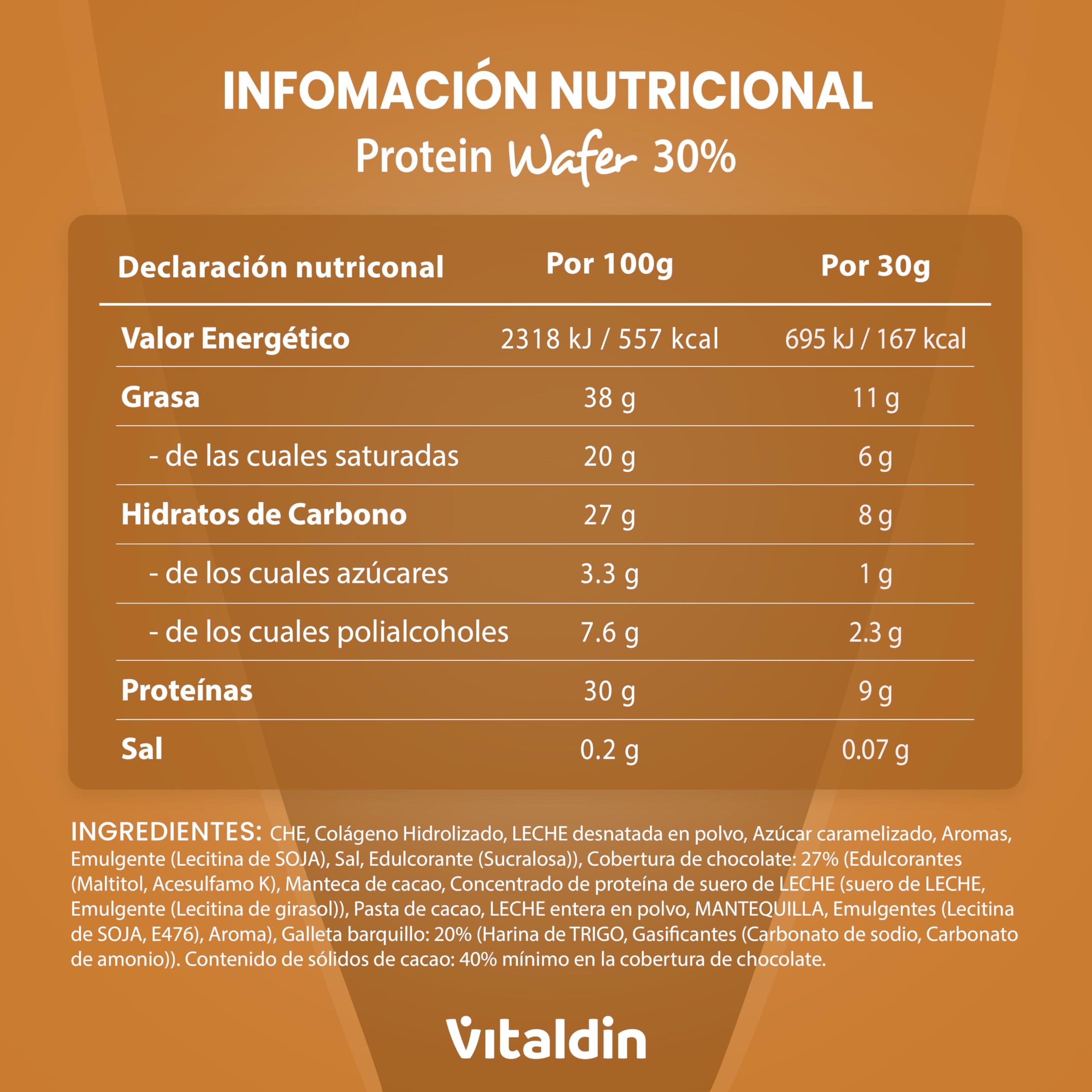 VITALDIN Protein Wafer 30% Caramelo salado| Alto Contenido en Proteína sin Azúcares Añadidos| Colágeno Hidrolizado| Contenido Reducido de Carbohidratos|Barritas Proteicas barquillo con oblea Saludable