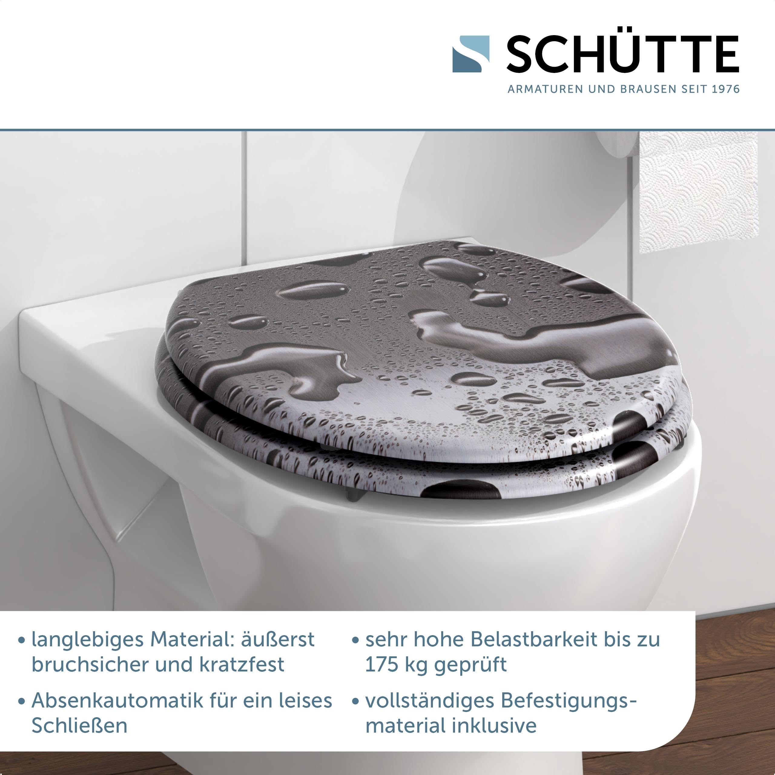 SCHÜTTE WC-Sitz Holzkern GREY STEEL, Toilettensitz Grau mit Absenkautomatik, passend für viele handelsübliche WC-Becken, maximale Belastung der Klobrille 150 kg, Motiv auf Brille und Deckel 80123 Baumarkt