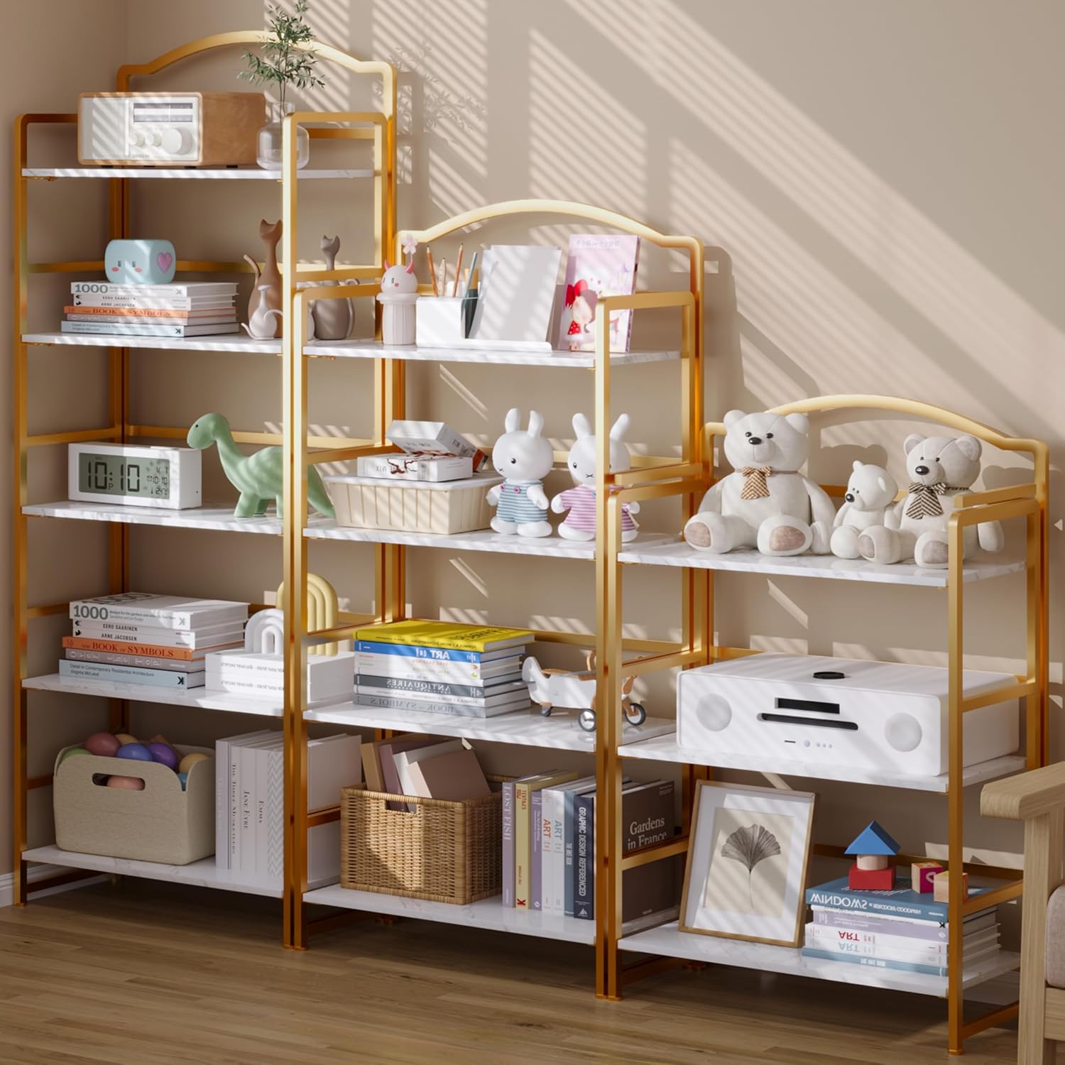 JSB No Assembly Folding Bookshelf, 5 Tier Book Shelf for Storage, Vintage Wood Foldable Bookcase for Living Room, Bedroom, Office Organization Shelves - Image 5