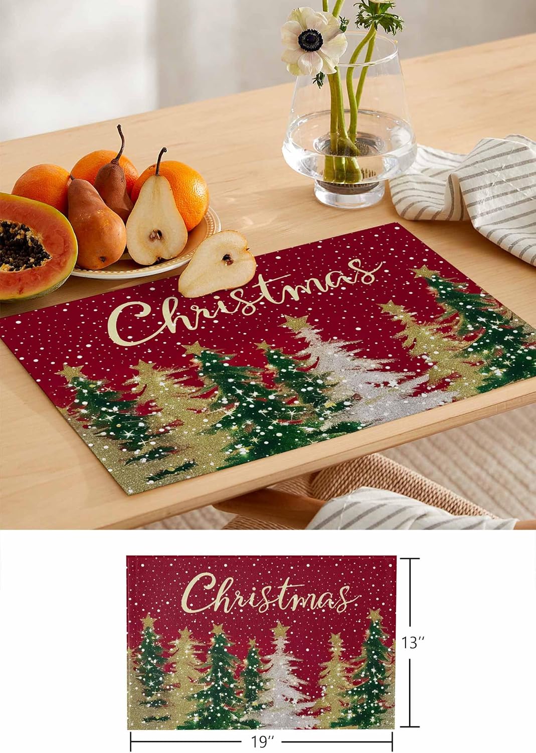 Merry Christmas Placemats Set of 6,Cotton Linen Heat Resistant Table Mats Washable Winter Falling Snow Placemat for Holiday Banquet Xmas Tree Dark Red Kitchen Table Decor