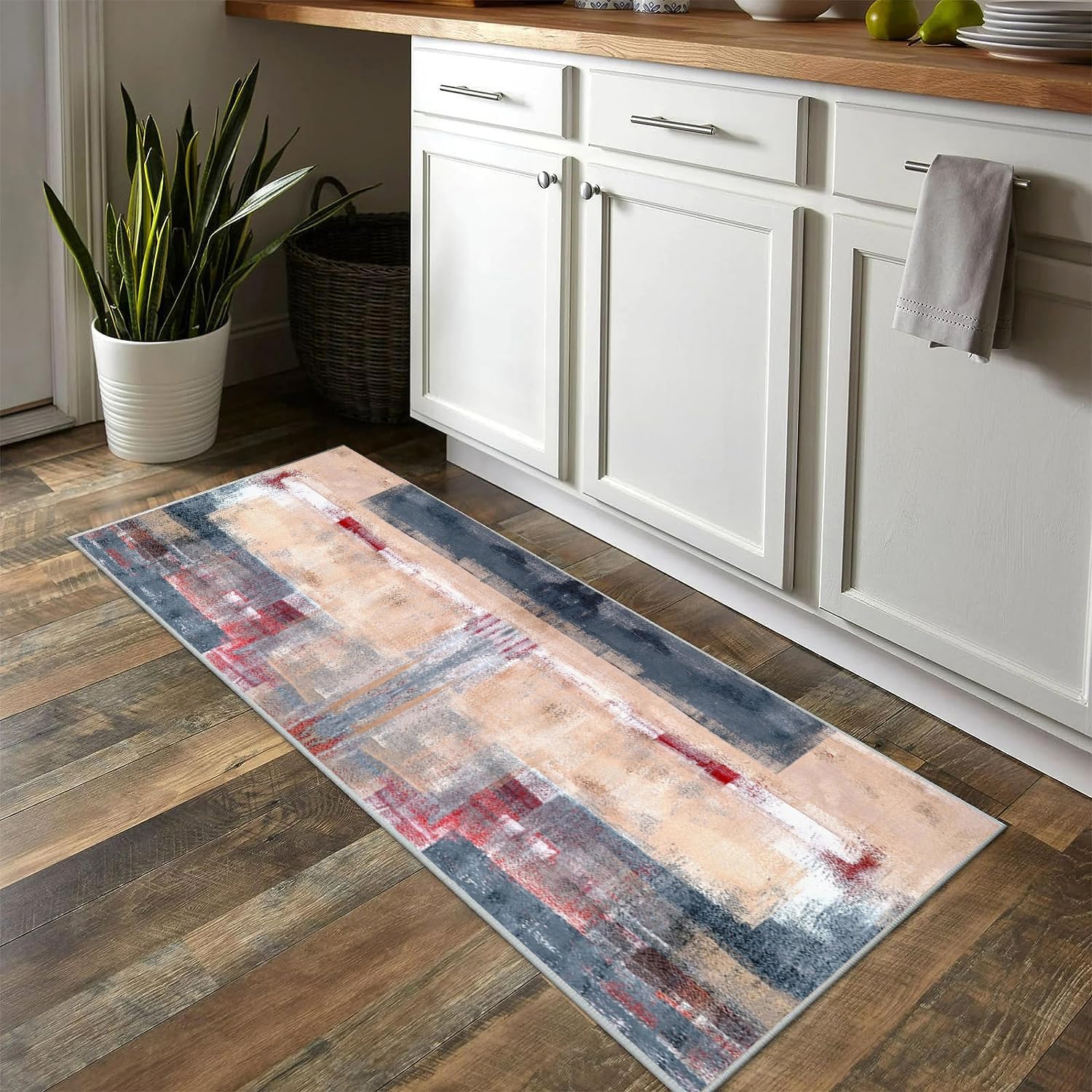 Tapis Couloir Long 60x180cm Tapis de Cuisine Devant Evier Bleu,Rouge Et Corail Abstrait Moderne Tapis de Couloir Moderne Antiderapant Lavable Tapis Cuisine Chemin pour Cuisine Salon Chambre