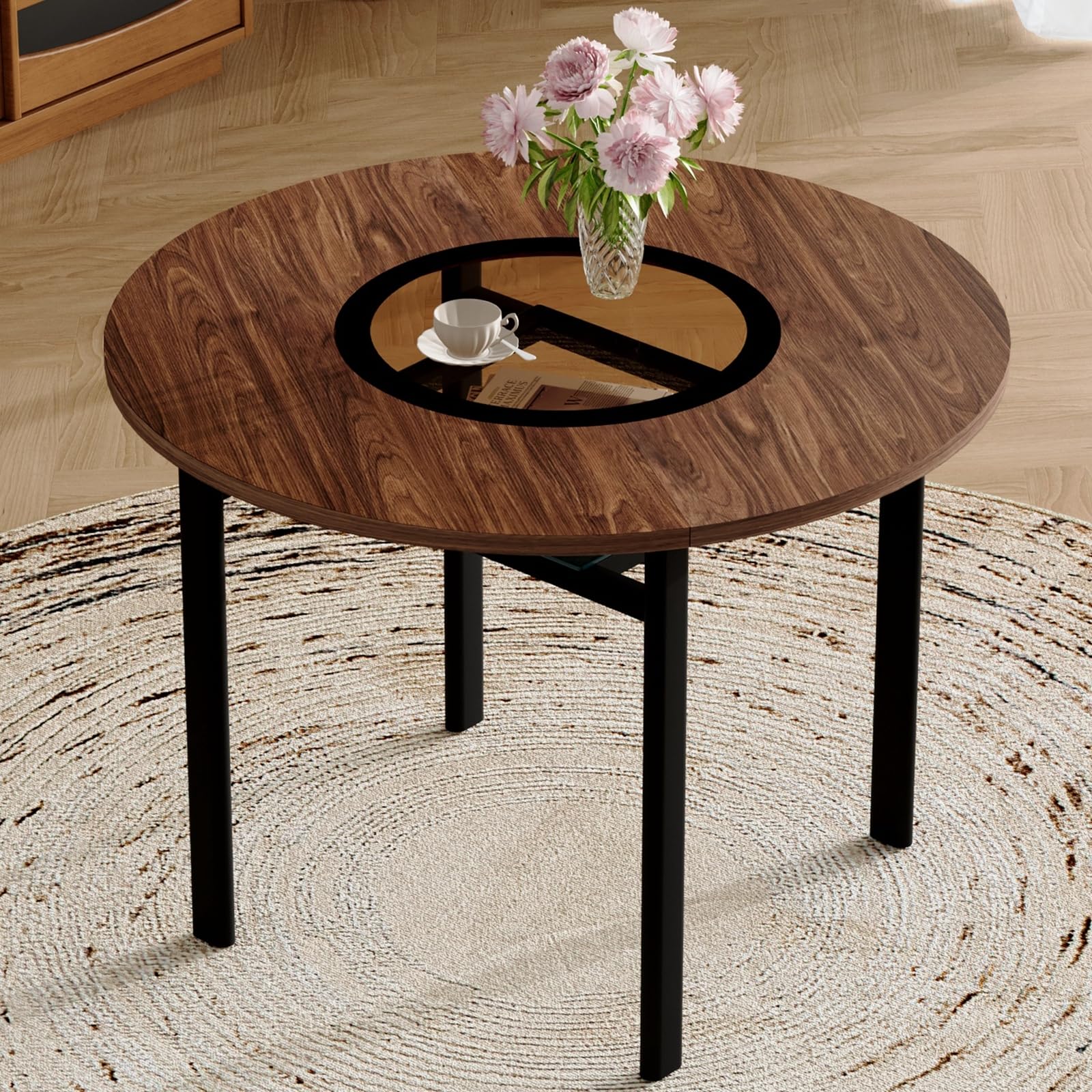 Table basse ronde moderne 100cm de salon avec plateau verre brun