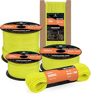 550 Paracord 4mm 15m 7 Hebras Cuerda Paracord de Nylon Tipo III Cuerda Paracaídas para Supervivencia, Camping, al Aire Libre, Bricolaje | Soporta 250kg | Amarillo Neón
