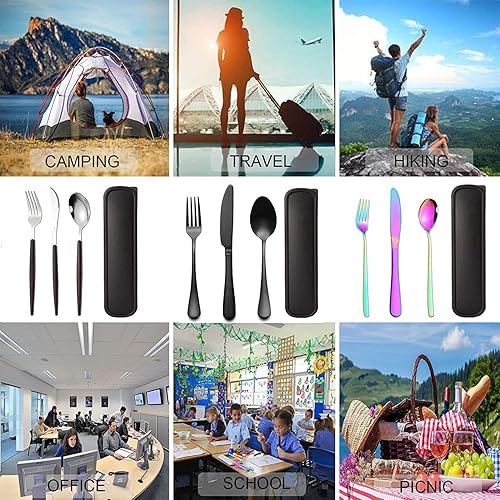 Miniatura 6 de Juego de utensilios portátiles con estuche, juego de cubiertos de oficina reutilizables, juego de cubiertos de viaje saludable, 3 piezas, tenedor de
