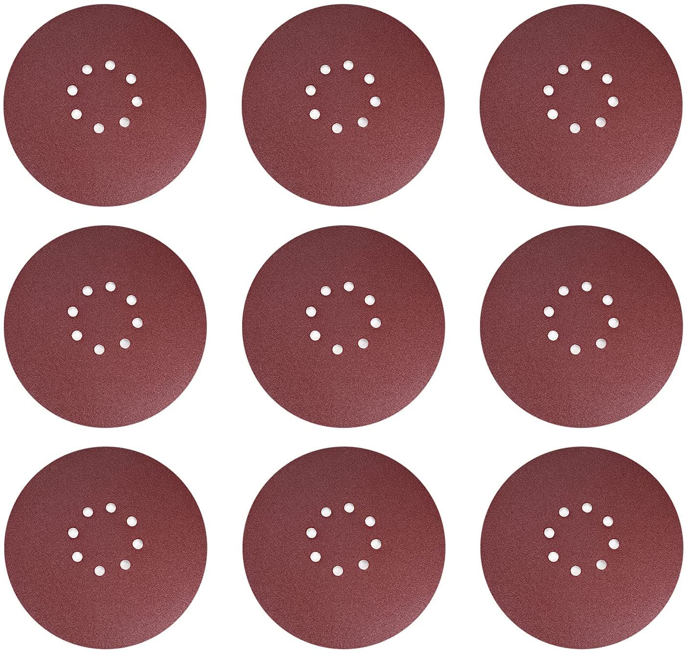 Heyiarbeit 10Pcs 9" 8 Hole Hook and Loop Sanding Disc 80 Grit Flocking Sandpaper Random Orbital Sander Paper