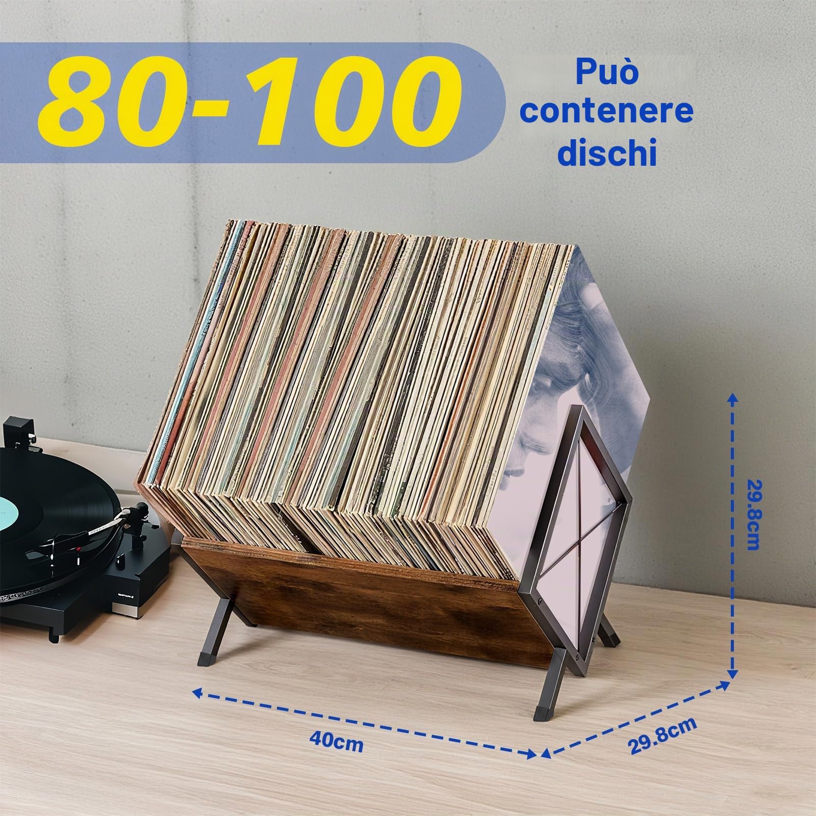 Porta Dischi in Vinile, Porta Dischi da 80-100 LP, 40 x 30 x 30 cm, Ripiano a 1 Ripiano con Divisore Antiscivolo, Organizer per CD, Album, Riviste, Libri