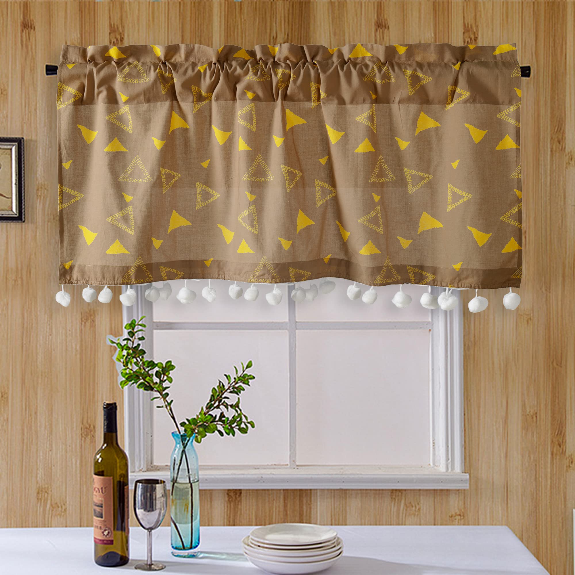 Hand Printed Half Window Kitchen Curtain 100% Cotton Short Drapery Valance Curtain 40" X 18" Inch (Brown Trangle)