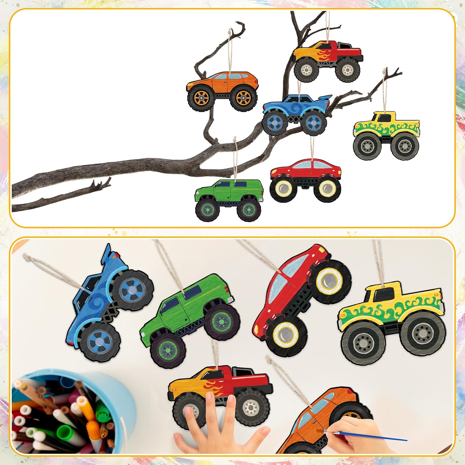 Weysat 24 Sets Color Your Own Wooden Race Car Craft Kit Truck Wooden Coloring Crafts with Coloring Paint and Hemp Rope Handmade Gifts for Theme Activities DIY Decoration - Image 5